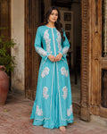 Firoza Turquoise Front-Open Suit — Turquoise Pakistani vs luxe 1 suit by Veera Studio, view 1