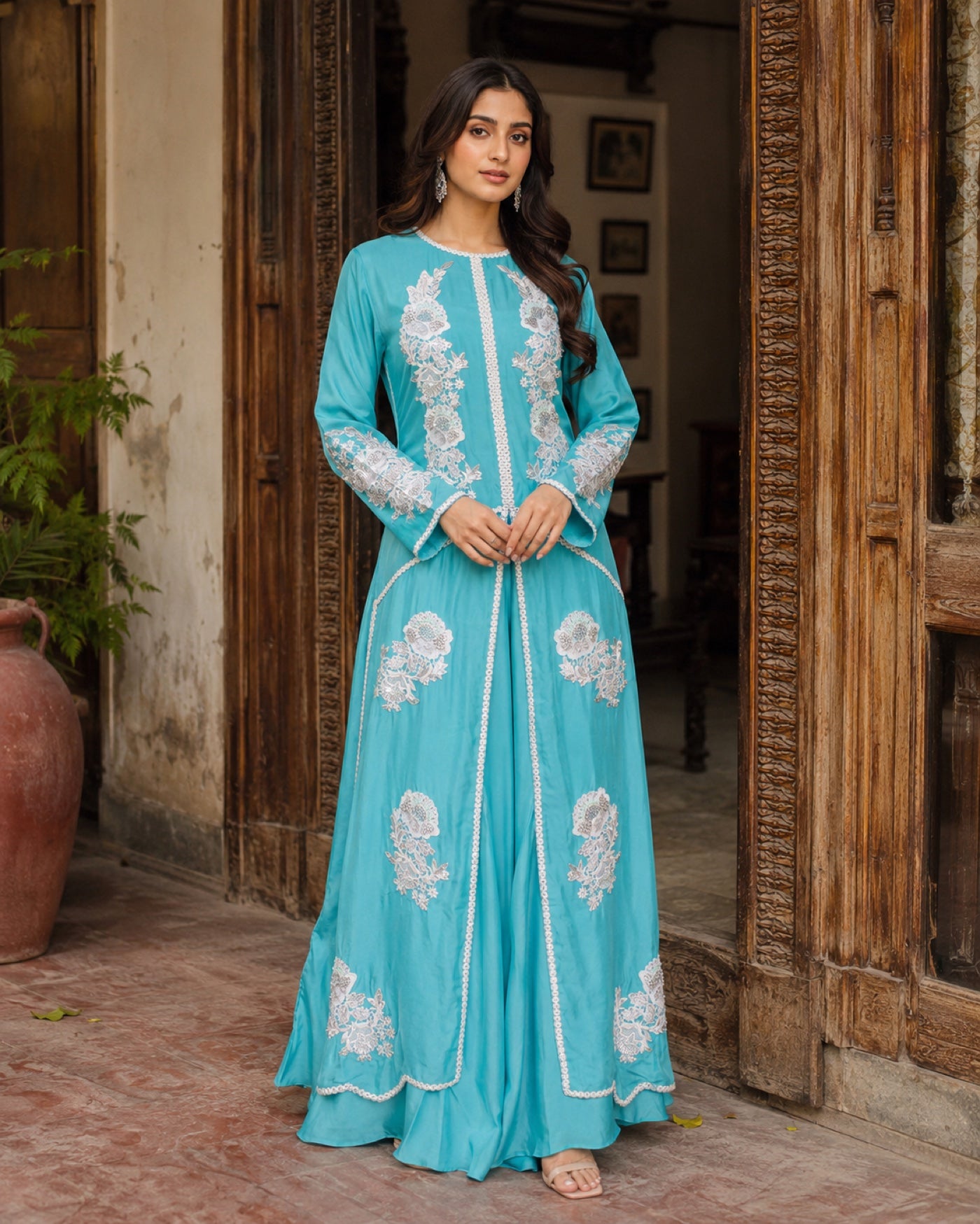 Firoza Turquoise Front-Open Suit — Turquoise Pakistani vs luxe 1 suit by Veera Studio, view 1