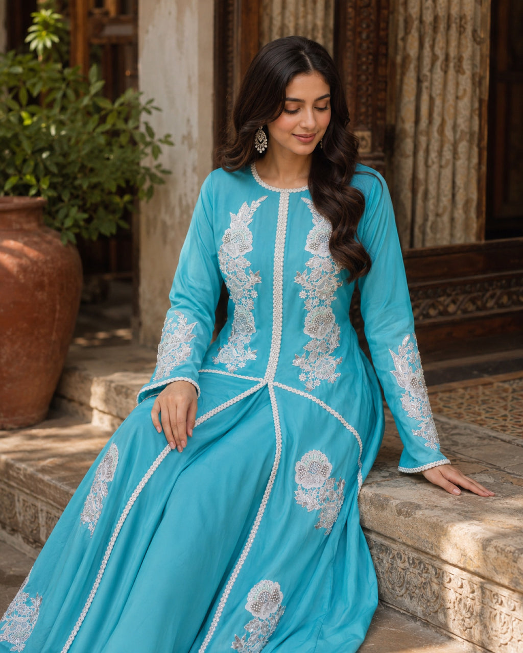 Firoza Turquoise Front-Open Suit — Turquoise Pakistani vs luxe 1 suit by Veera Studio, view 2