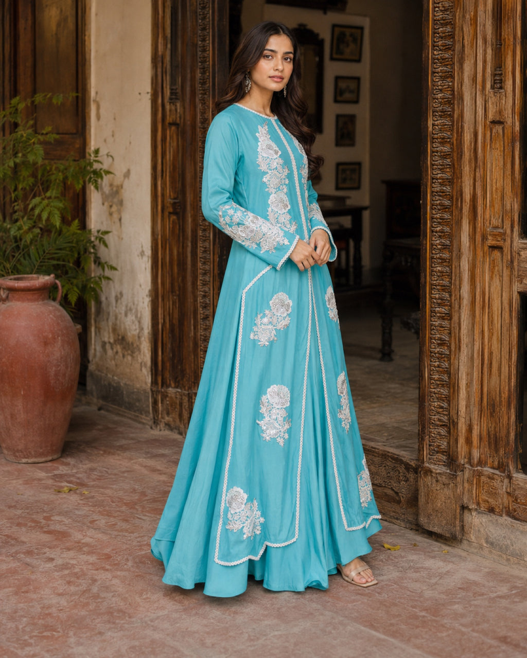 Firoza Turquoise Front-Open Suit — Turquoise Pakistani vs luxe 1 suit by Veera Studio, view 3