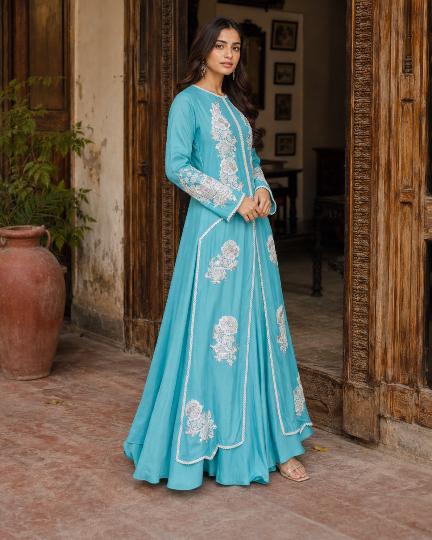 Firoza Turquoise Front-Open Suit — Turquoise Pakistani vs luxe 1 suit by Veera Studio, view 3