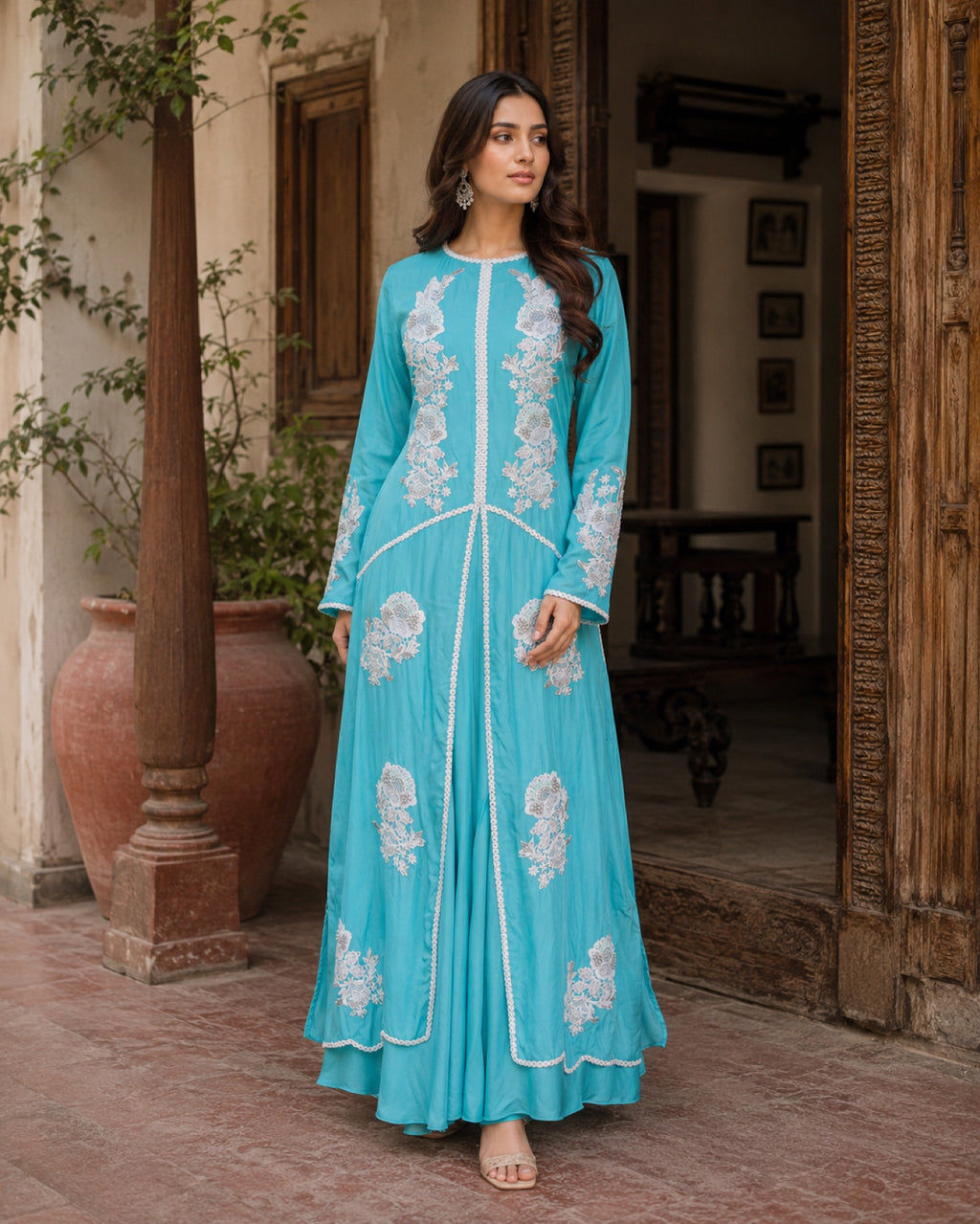 Firoza Turquoise Front-Open Suit — Turquoise Pakistani vs luxe 1 suit by Veera Studio, view 4