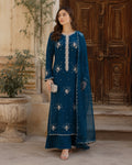 Mahnoor Petrol Blue Swarovski Ensemble — Petrol blue Pakistani formal suit by Veera Studio, view 1