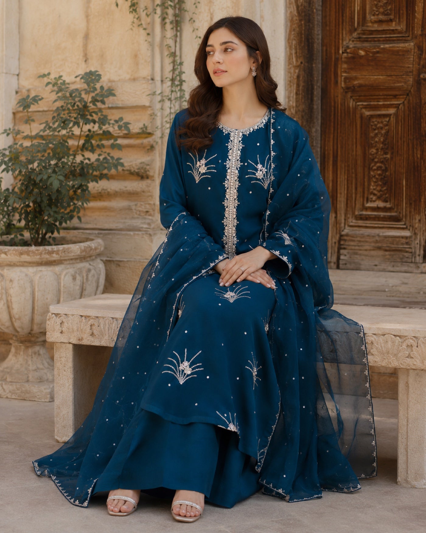 Mahnoor Petrol Blue Swarovski Ensemble — Petrol blue Pakistani formal suit by Veera Studio, view 2