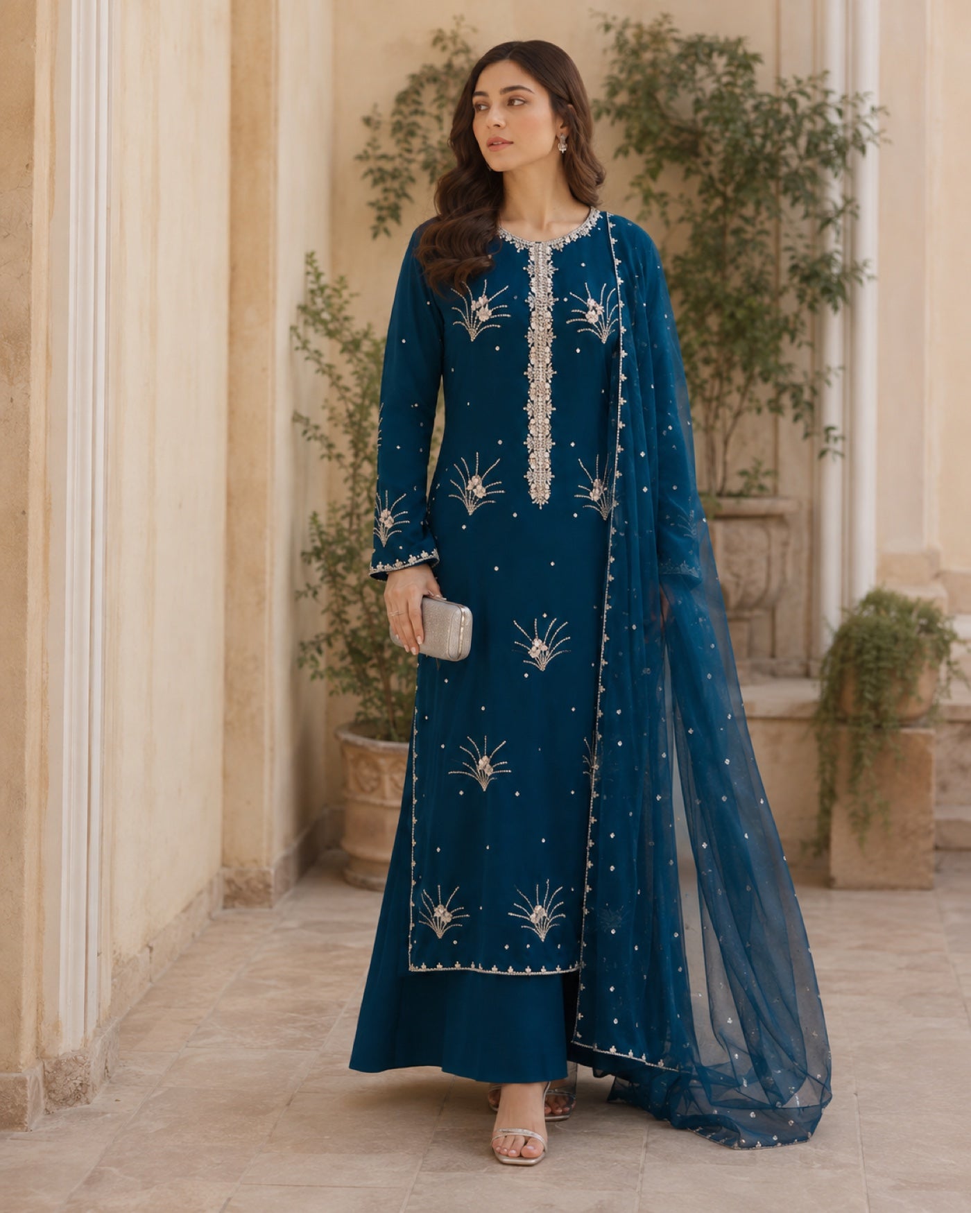 Mahnoor Petrol Blue Swarovski Ensemble — Petrol blue Pakistani formal suit by Veera Studio, view 3