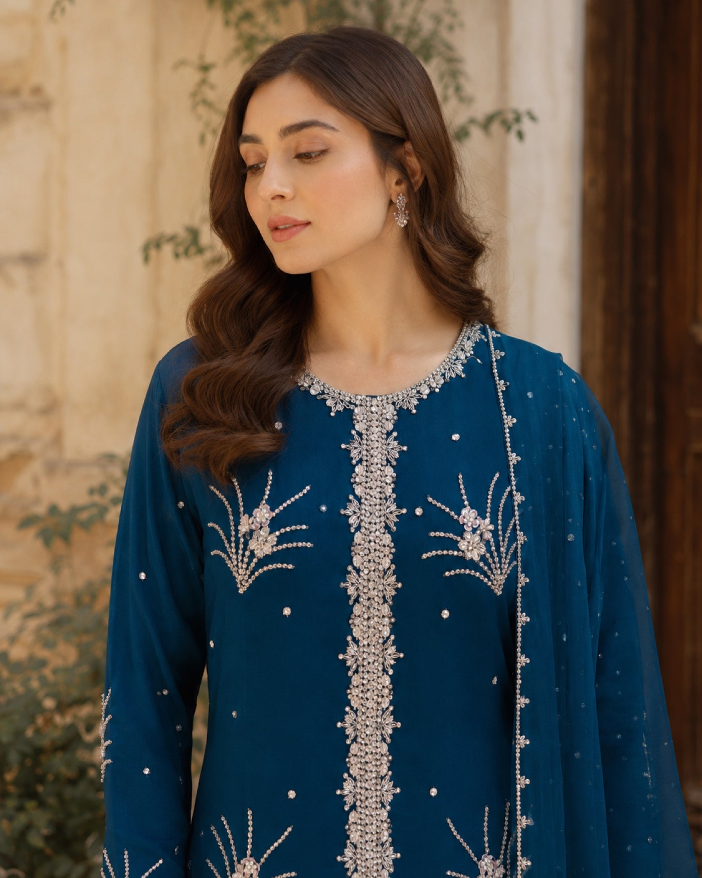 Mahnoor Petrol Blue Swarovski Ensemble — Petrol blue Pakistani formal suit by Veera Studio, view 4