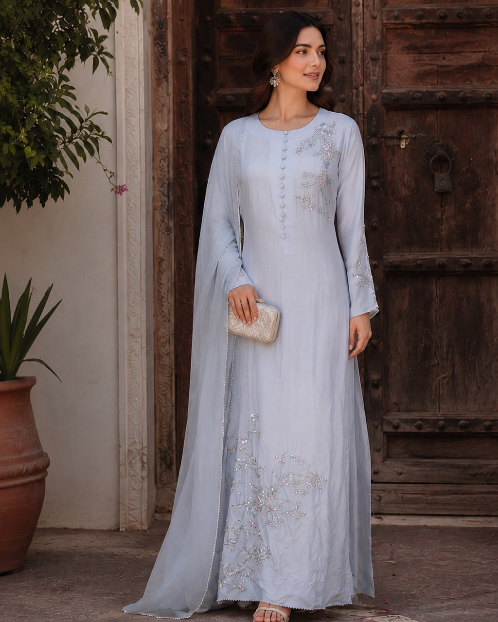 Neelum Powder Blue Taffeta Suit — Powder blue Pakistani vs luxe 2 suit by Veera Studio, view 1