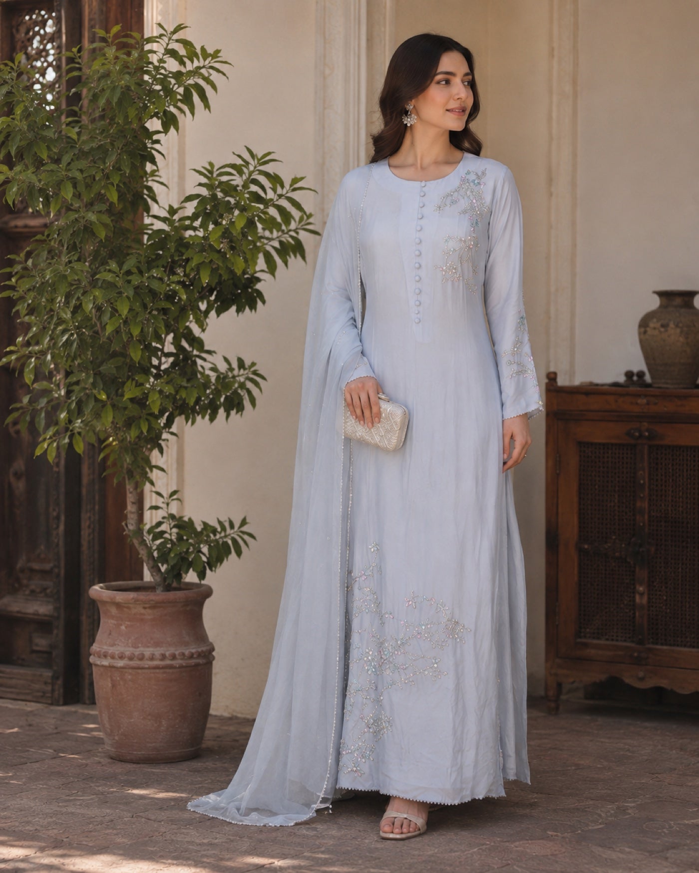 Neelum Powder Blue Taffeta Suit — Powder blue Pakistani vs luxe 2 suit by Veera Studio, view 4