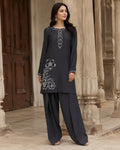 Eshal Charcoal Farshi Shalwar Set — Charcoal Pakistani semi-formal suit by Veera Studio, view 1