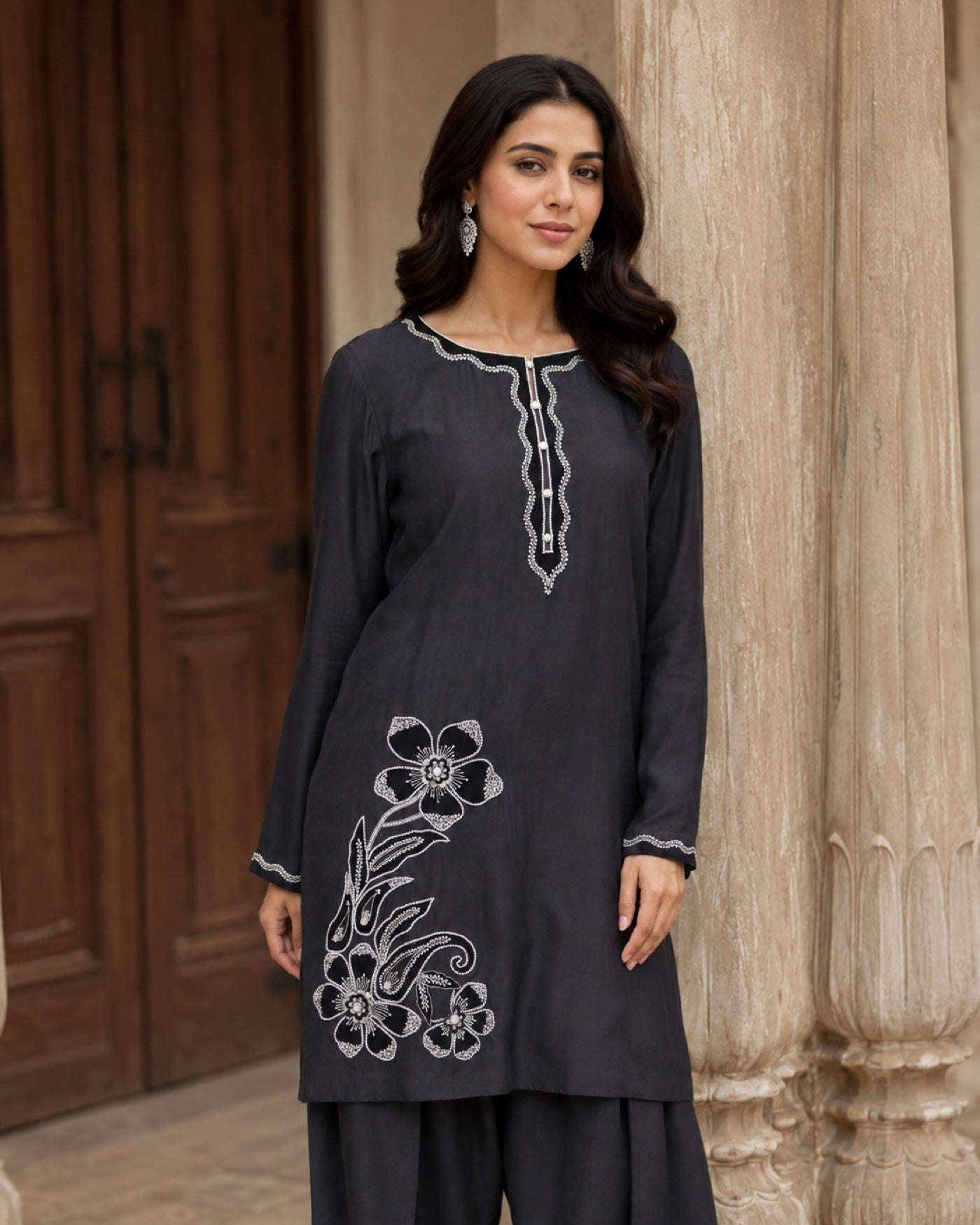 Eshal Charcoal Farshi Shalwar Set — Charcoal Pakistani semi-formal suit by Veera Studio, view 2