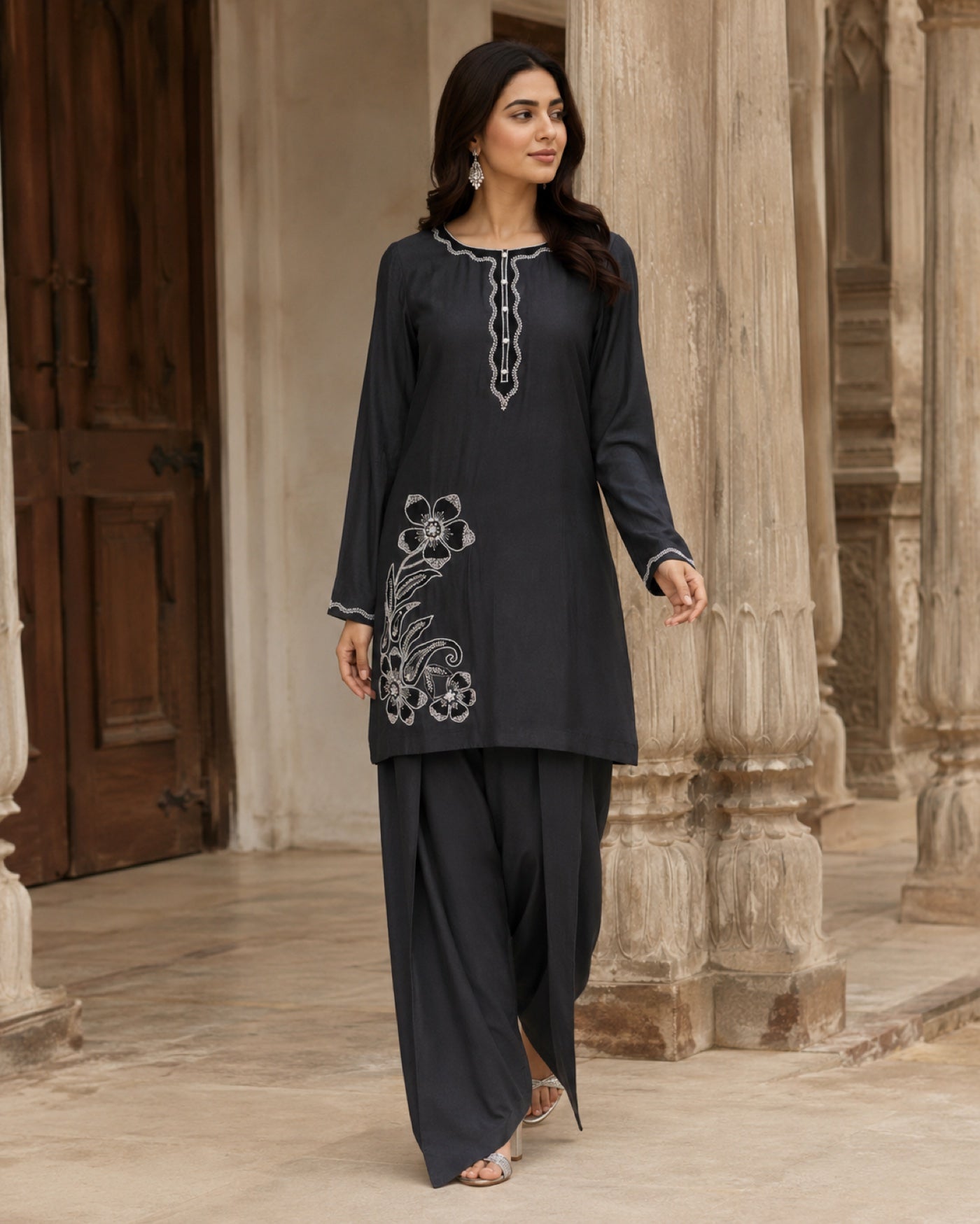 Eshal Charcoal Farshi Shalwar Set — Charcoal Pakistani semi-formal suit by Veera Studio, view 3