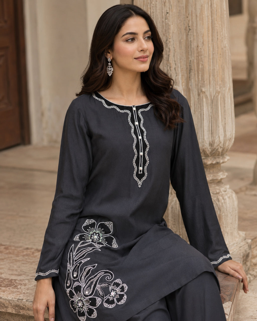 Eshal Charcoal Farshi Shalwar Set — Charcoal Pakistani semi-formal suit by Veera Studio, view 4