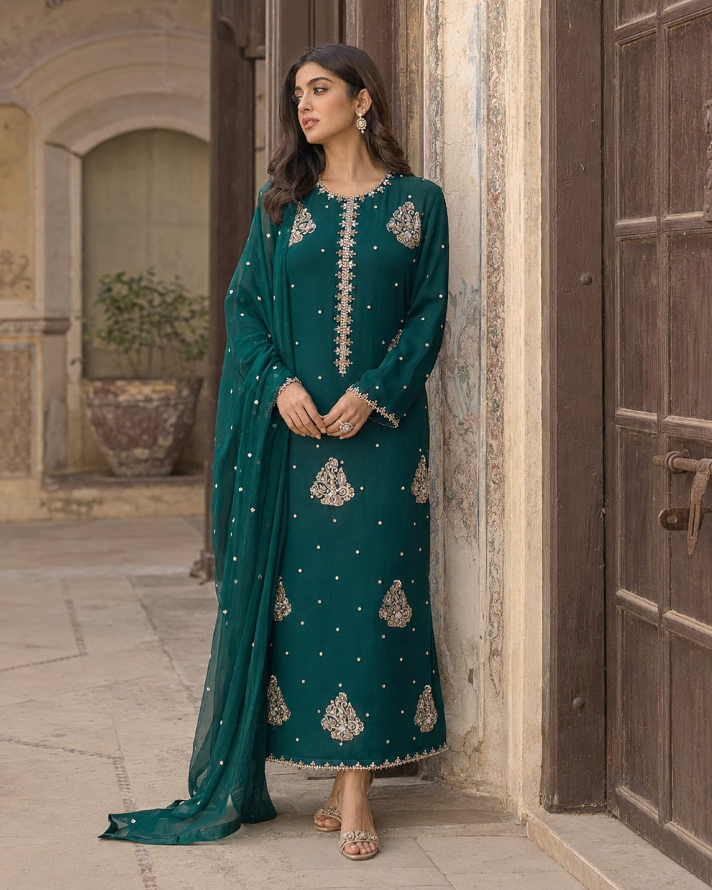 Rania Emerald Shamoz Silk Suit — Emerald green Pakistani formal suit by Veera Studio, view 1