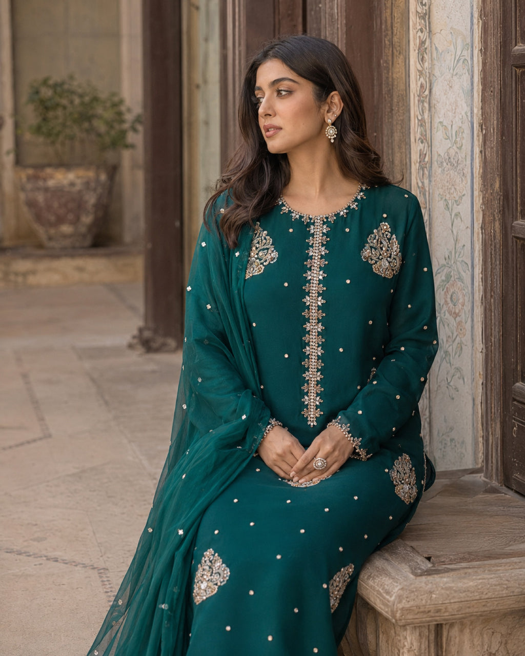 Rania Emerald Shamoz Silk Suit — Emerald green Pakistani formal suit by Veera Studio, view 2