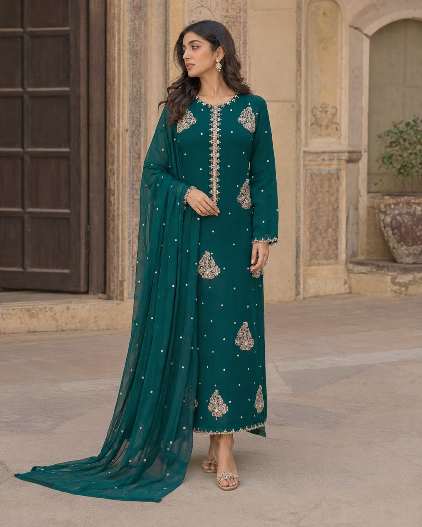 Rania Emerald Shamoz Silk Suit — Emerald green Pakistani formal suit by Veera Studio, view 3