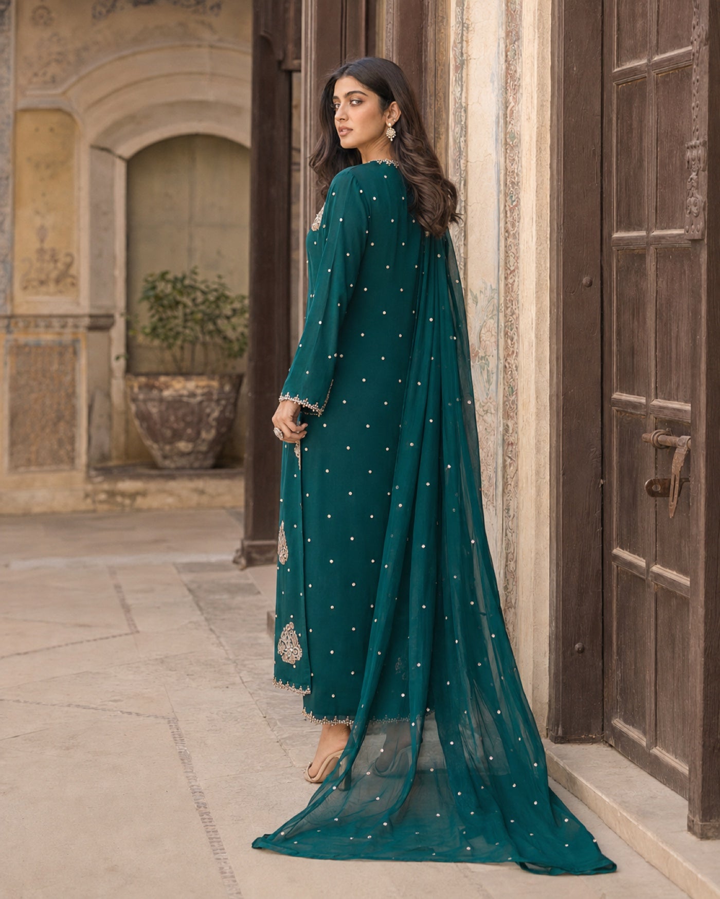 Rania Emerald Shamoz Silk Suit — Emerald green Pakistani formal suit by Veera Studio, view 4