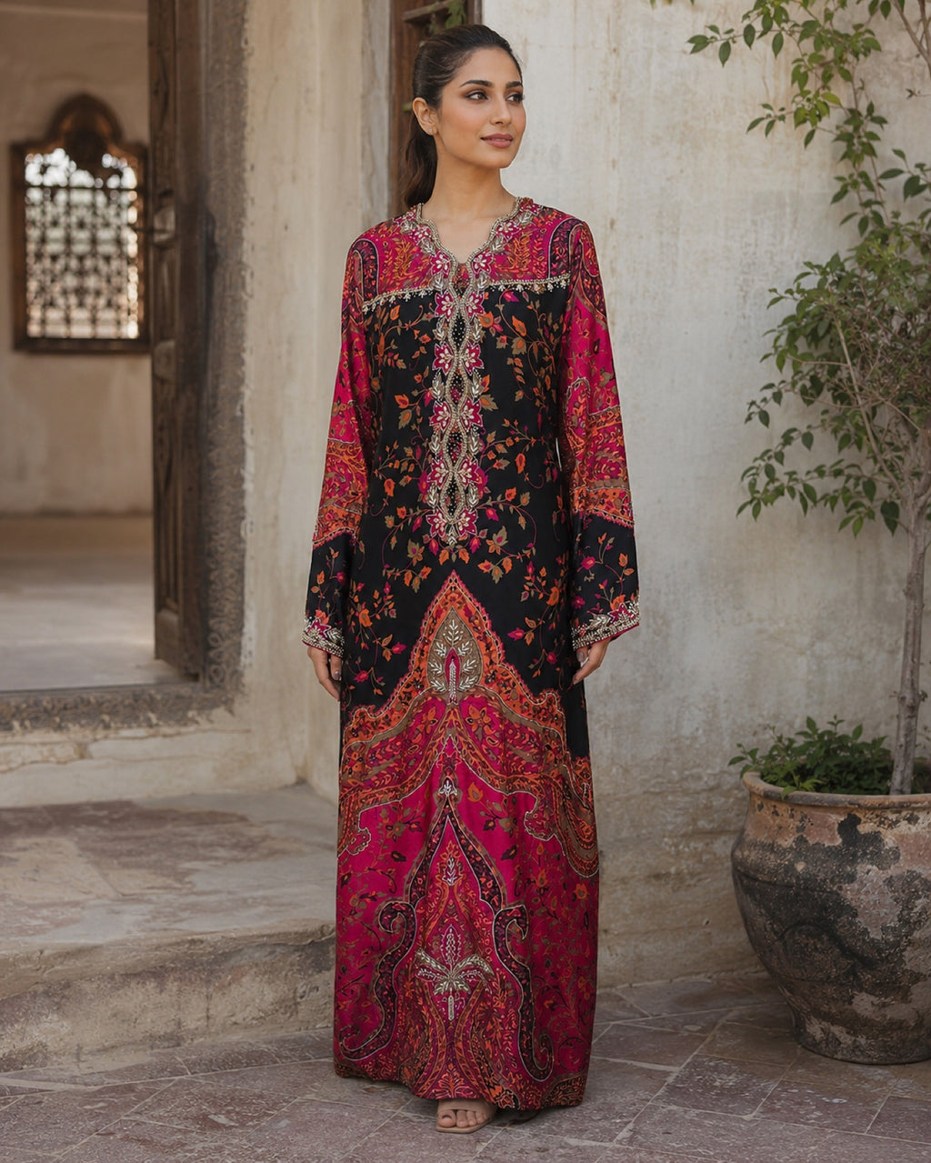 Gulnaar Black Printed Formal Suit — Black & magenta Pakistani vs luxe 2 suit by Veera Studio, view 1
