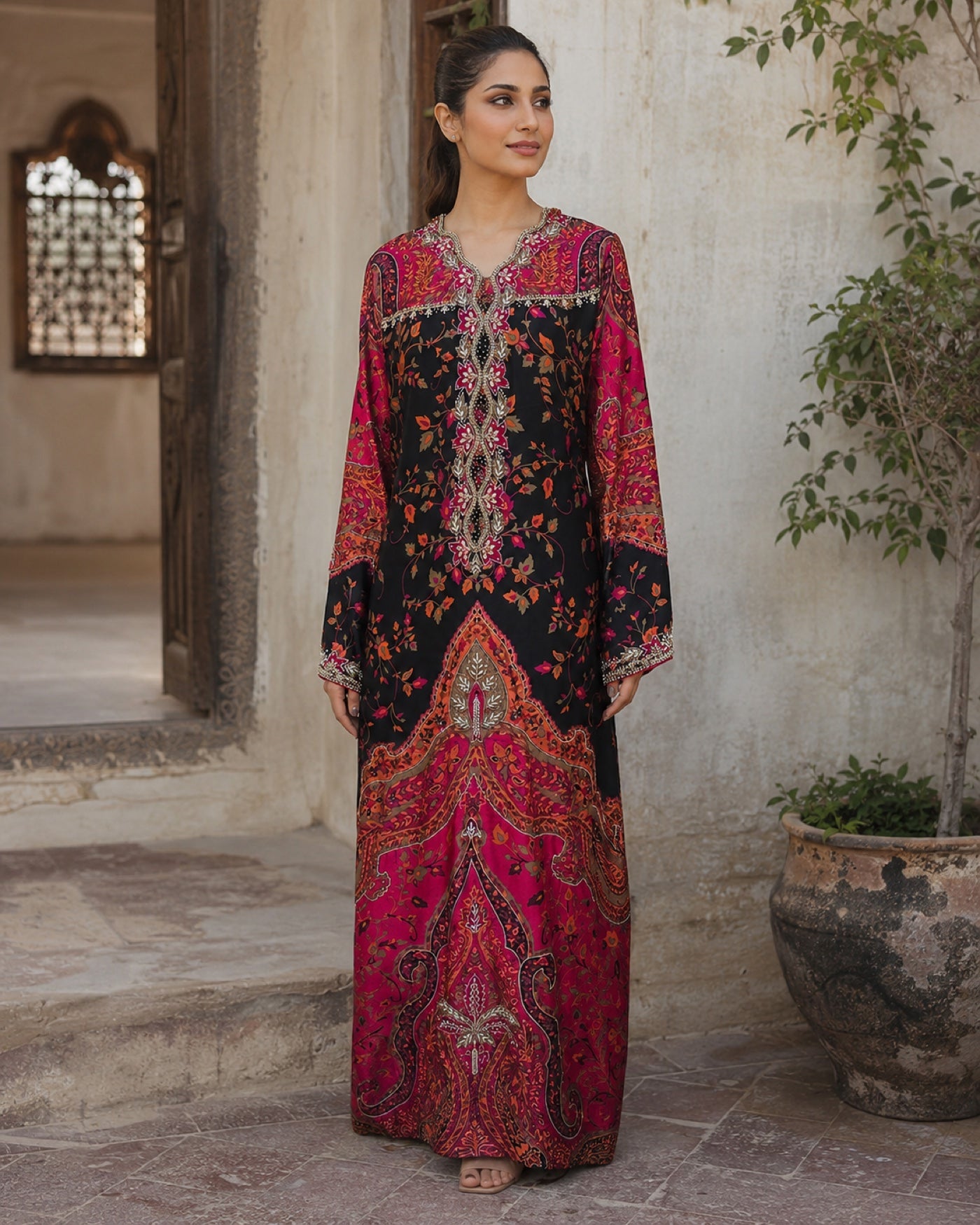Gulnaar Black Printed Formal Suit — Black & magenta Pakistani vs luxe 2 suit by Veera Studio, view 1
