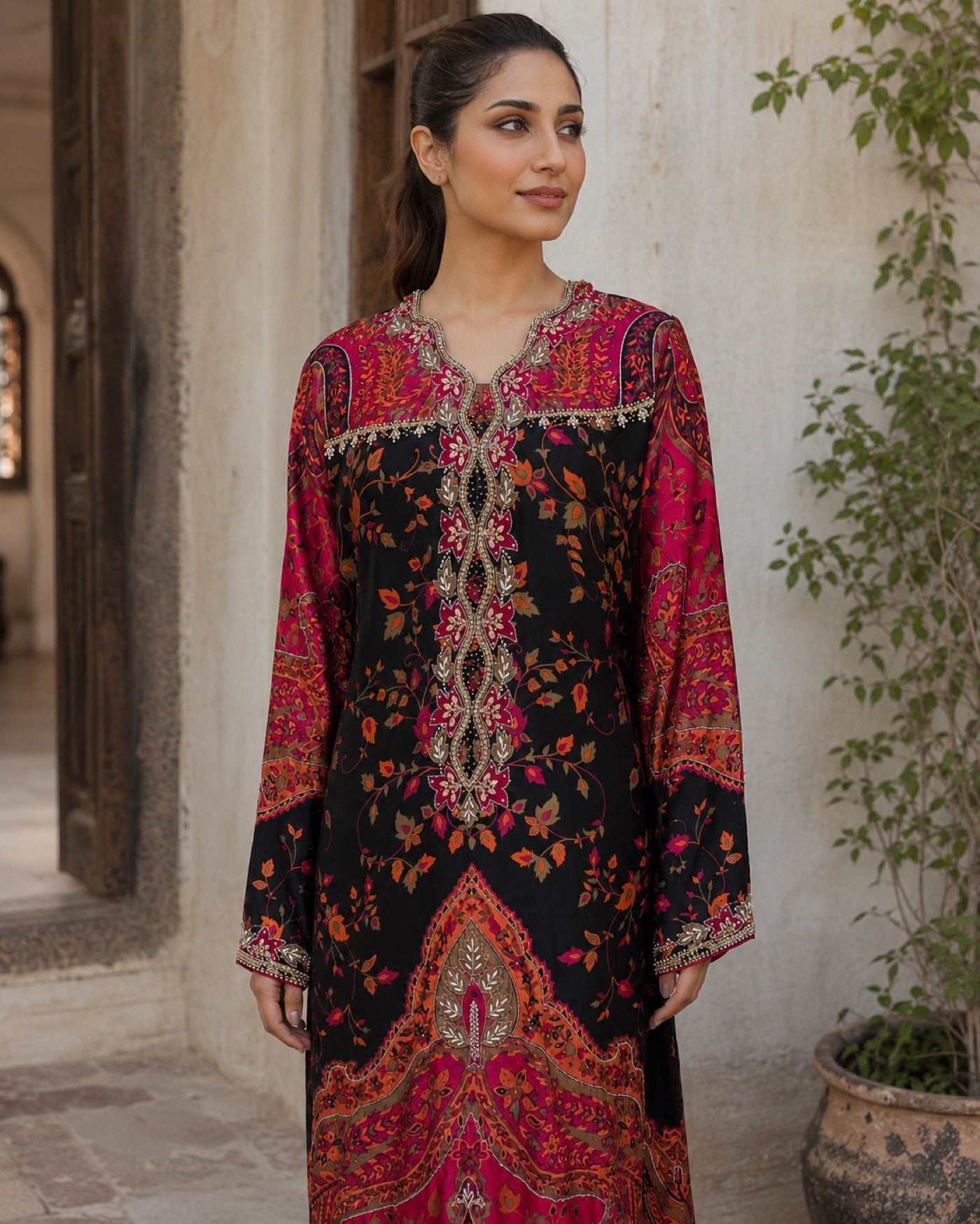 Gulnaar Black Printed Formal Suit — Black & magenta Pakistani vs luxe 2 suit by Veera Studio, view 2