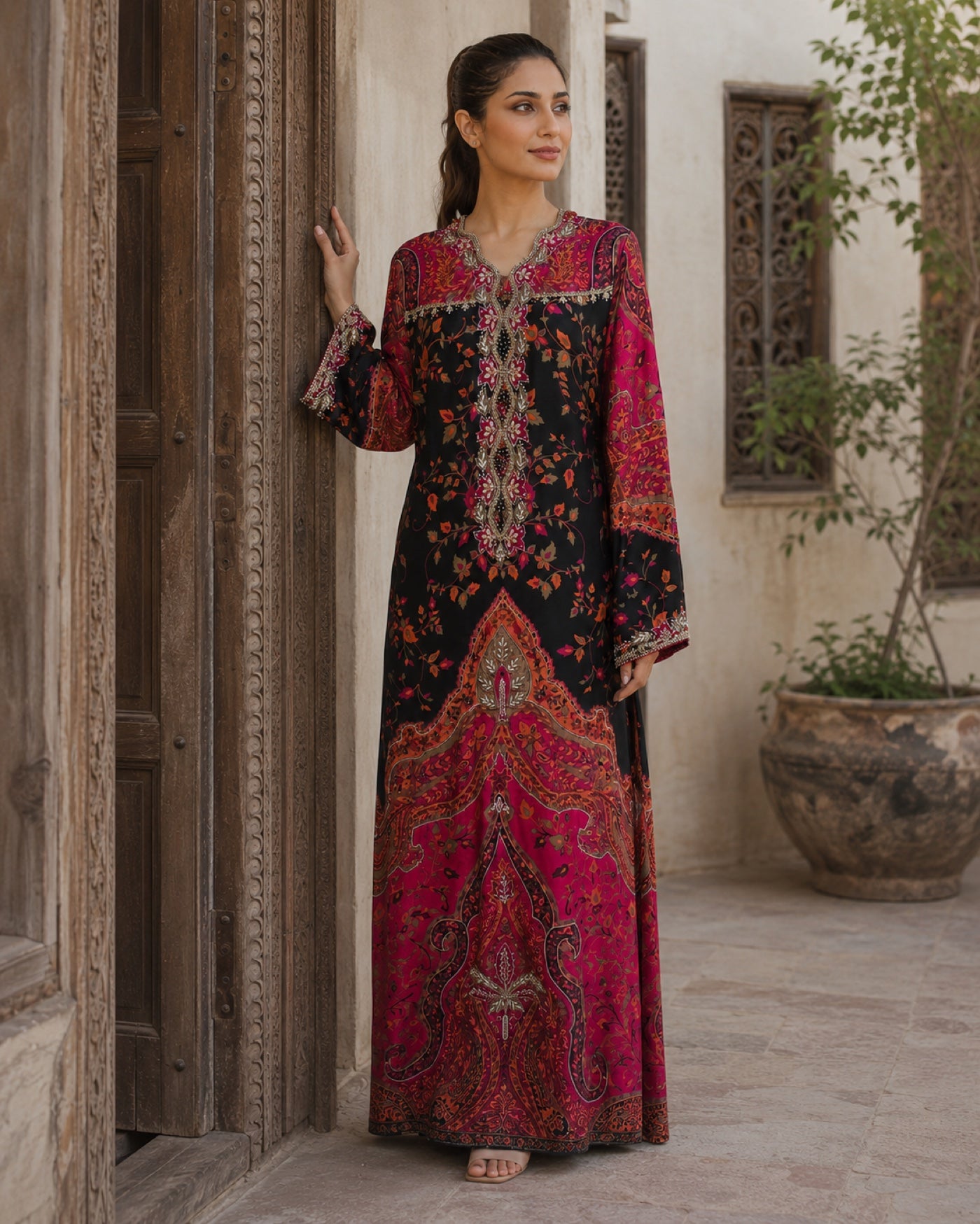 Gulnaar Black Printed Formal Suit — Black & magenta Pakistani vs luxe 2 suit by Veera Studio, view 3