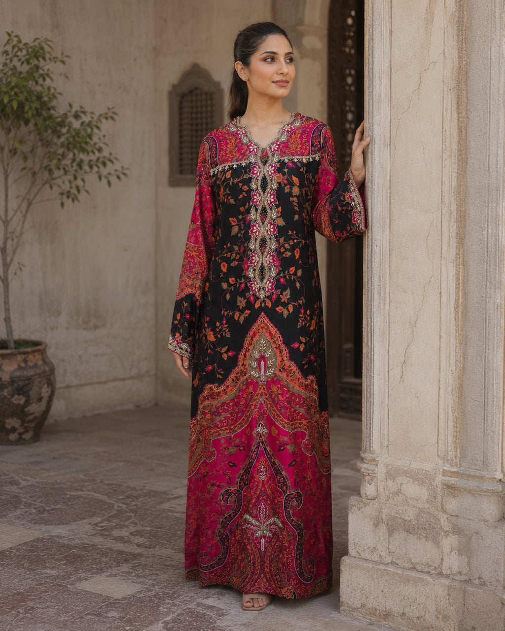 Gulnaar Black Printed Formal Suit — Black & magenta Pakistani vs luxe 2 suit by Veera Studio, view 4