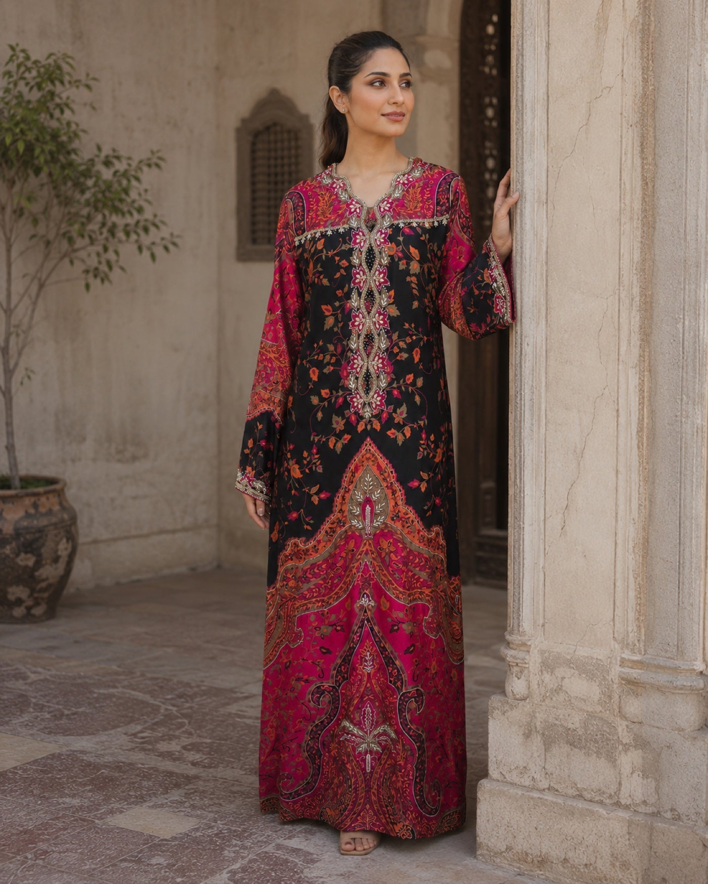 Gulnaar Black Printed Formal Suit — Black & magenta Pakistani vs luxe 2 suit by Veera Studio, view 4