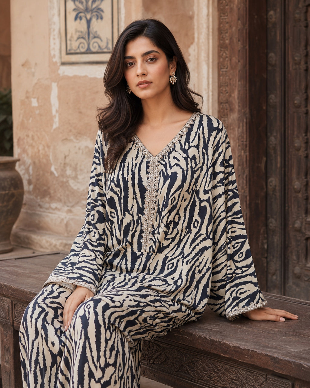 Alina Monochrome Satin & Net Suit — Black & ivory Pakistani vs luxe 2 suit by Veera Studio, view 2