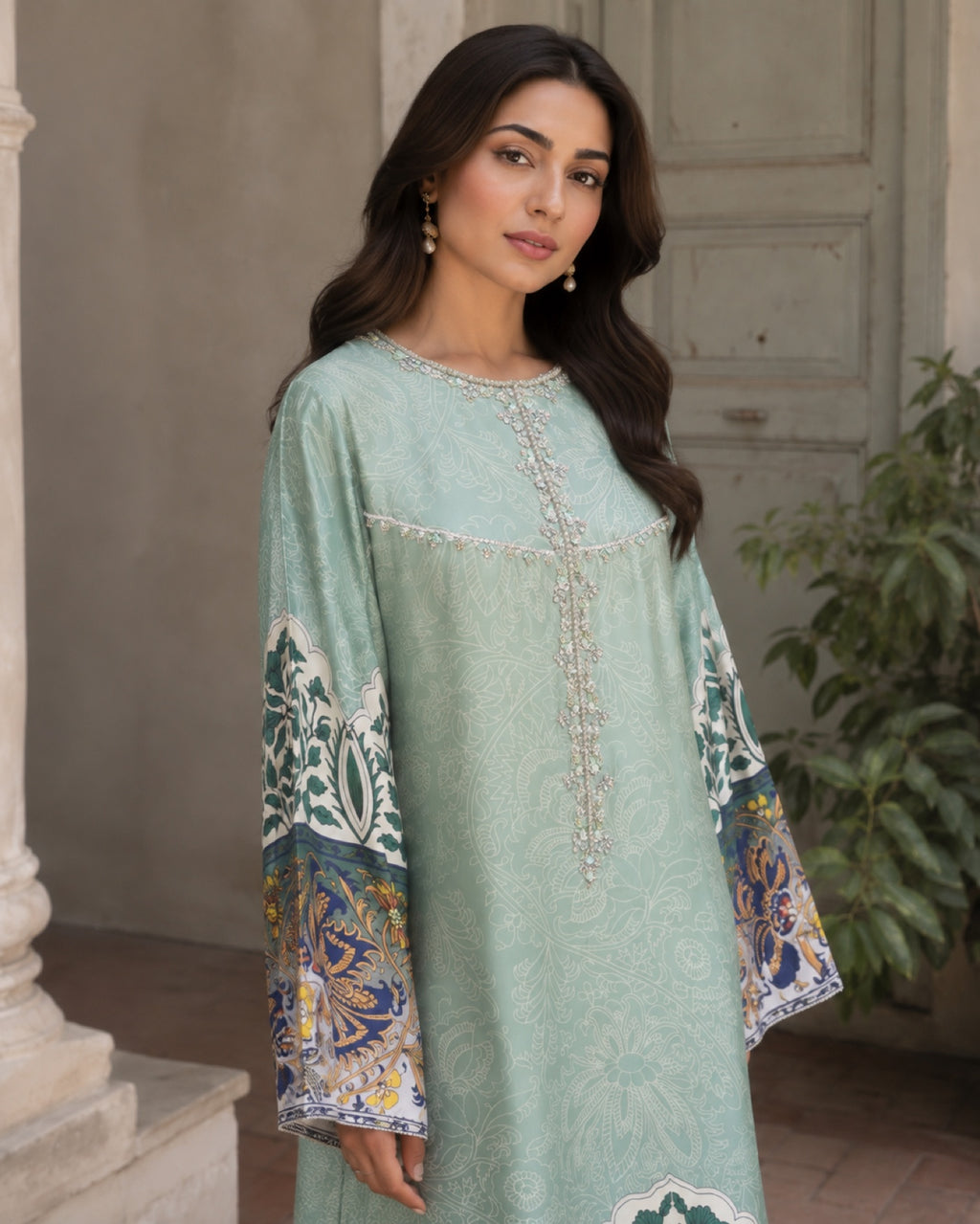 Hania Mint Handworked Formal Suit — Mint green Pakistani vs luxe 2 suit by Veera Studio, view 2