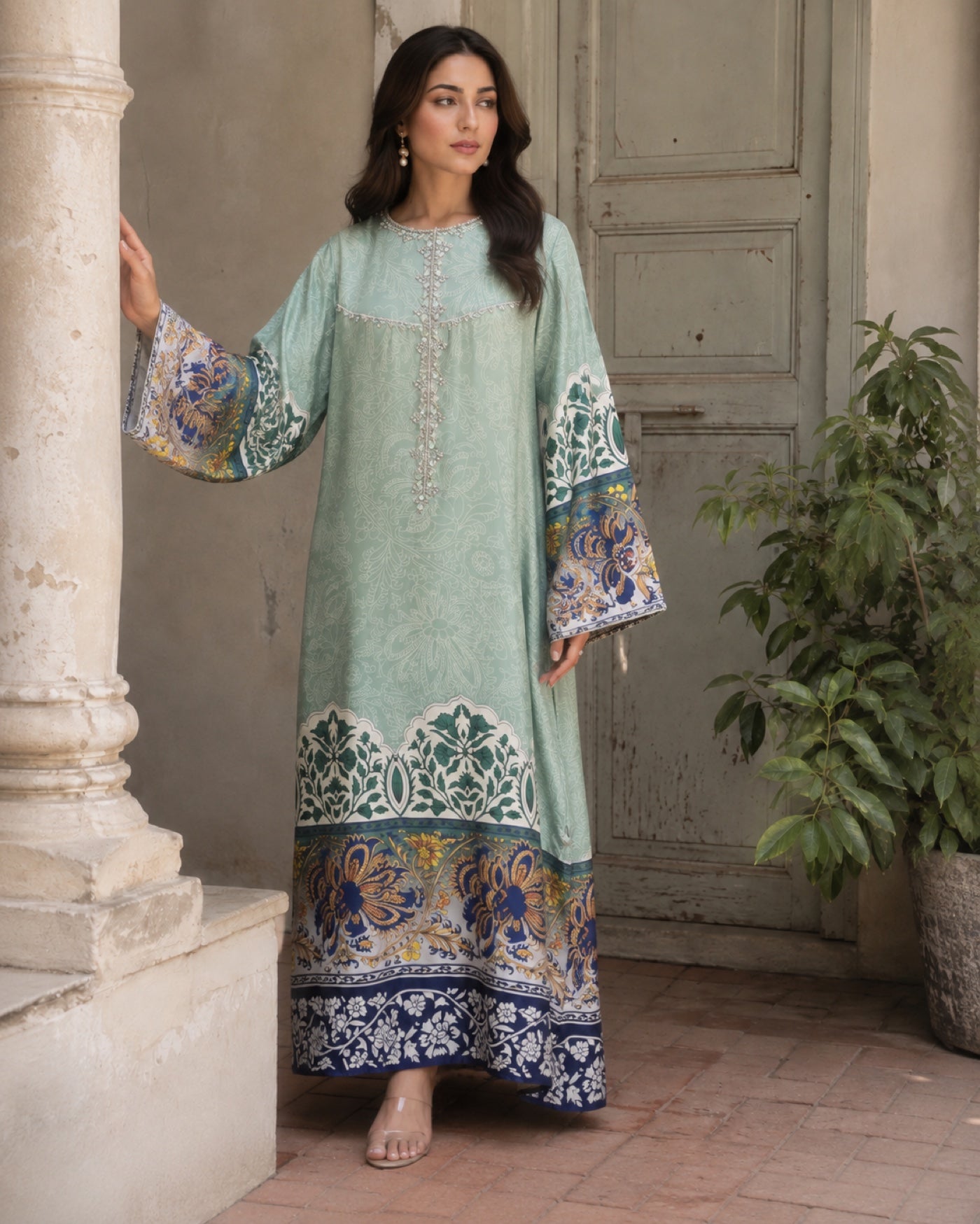 Hania Mint Handworked Formal Suit — Mint green Pakistani vs luxe 2 suit by Veera Studio, view 4