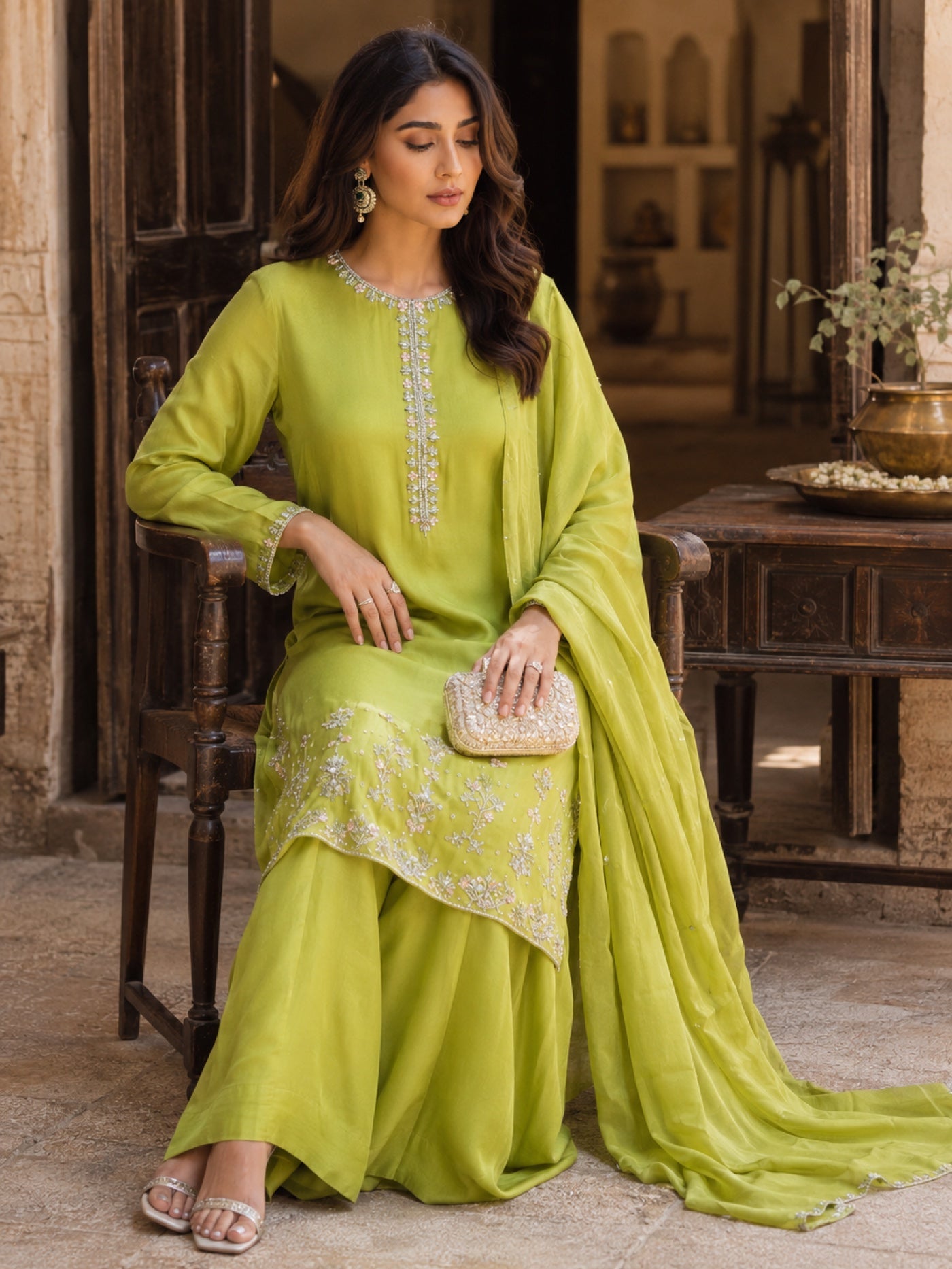 Meerab Lime Farshi Shalwar Suit — Lime green Pakistani formal suit by Veera Studio, view 2