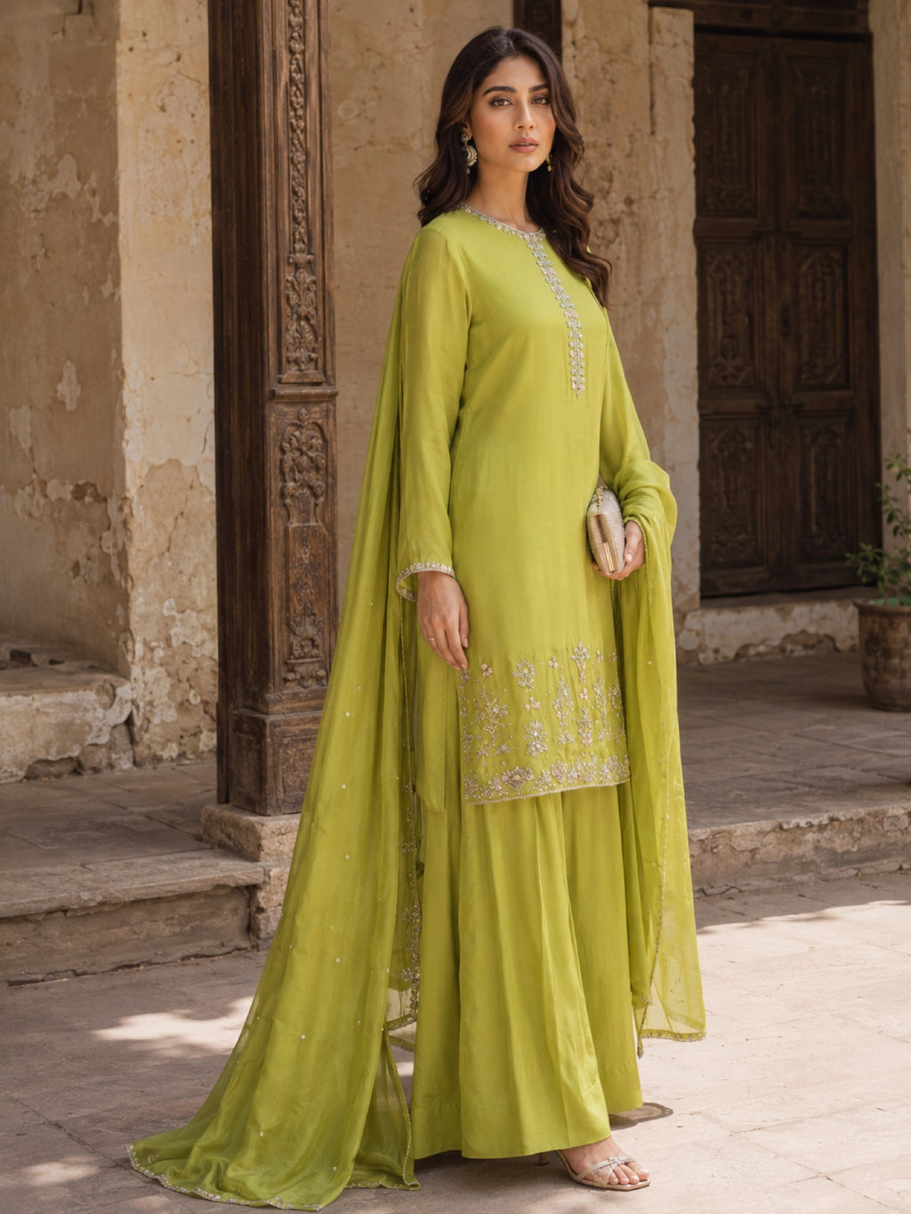 Meerab Lime Farshi Shalwar Suit — Lime green Pakistani formal suit by Veera Studio, view 3