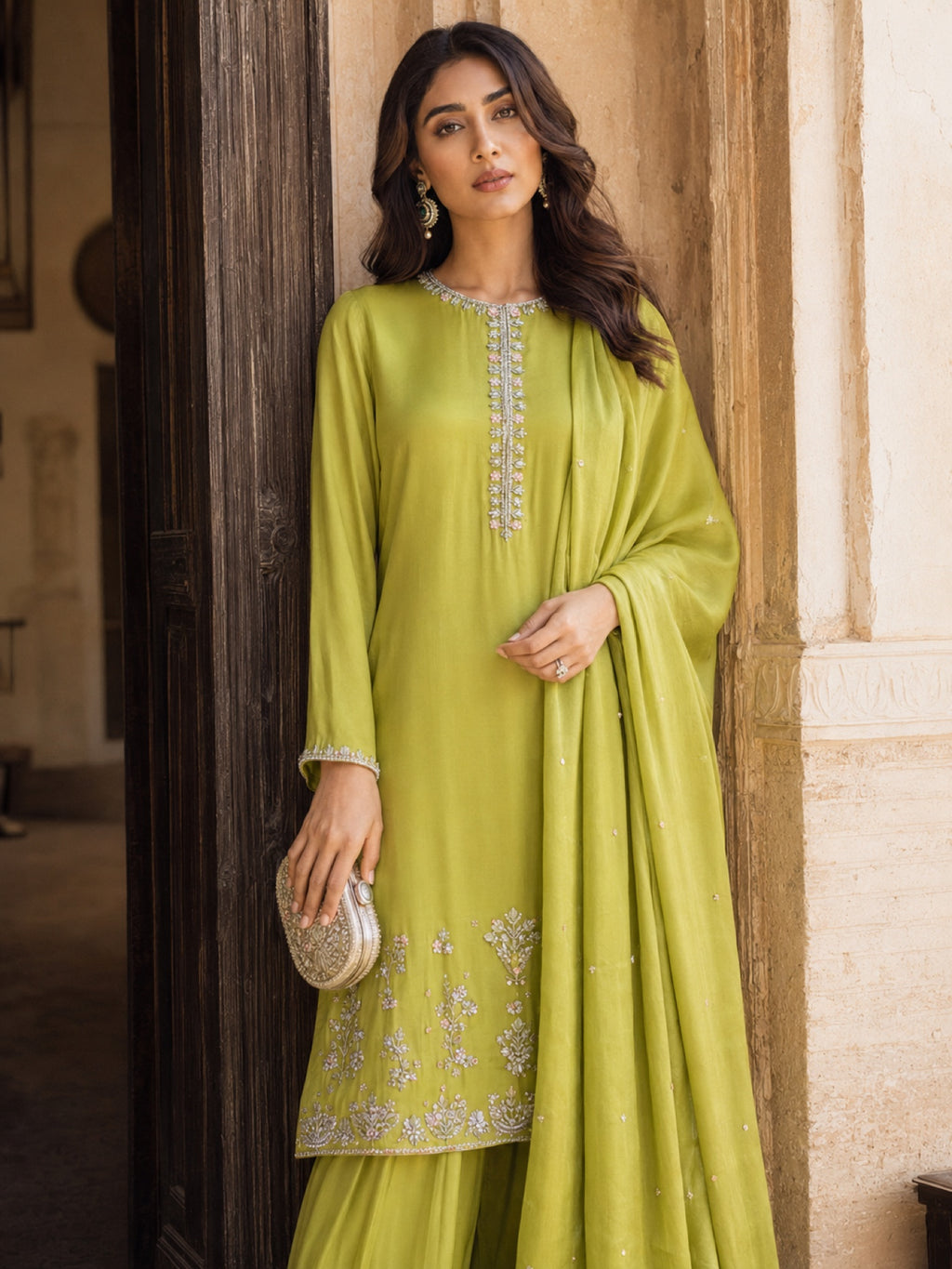Meerab Lime Farshi Shalwar Suit — Lime green Pakistani formal suit by Veera Studio, view 4