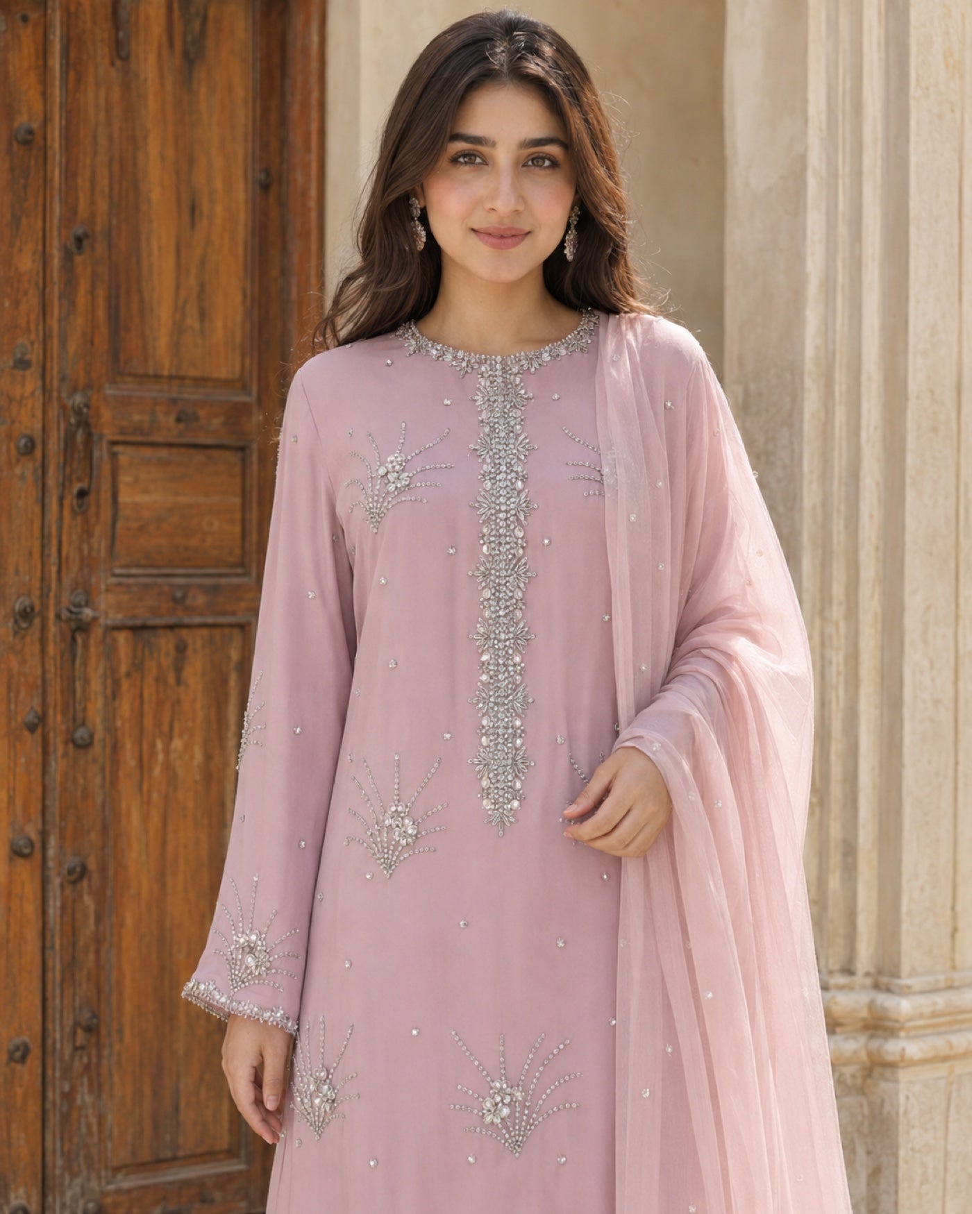 Anaya Blush Embroidered Three-Piece — Blush pink Pakistani formal suit by Veera Studio, view 2