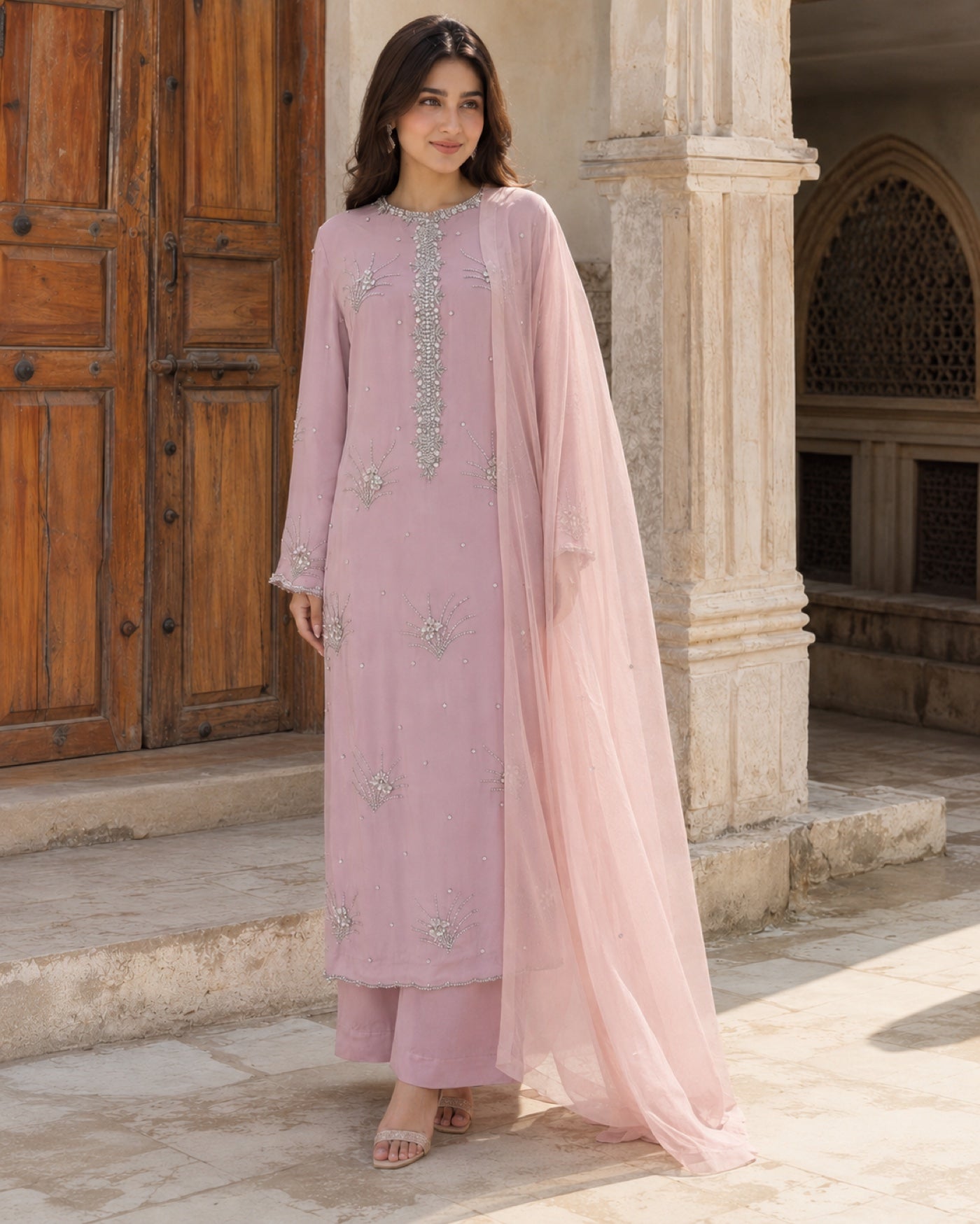 Anaya Blush Embroidered Three-Piece — Blush pink Pakistani formal suit by Veera Studio, view 3