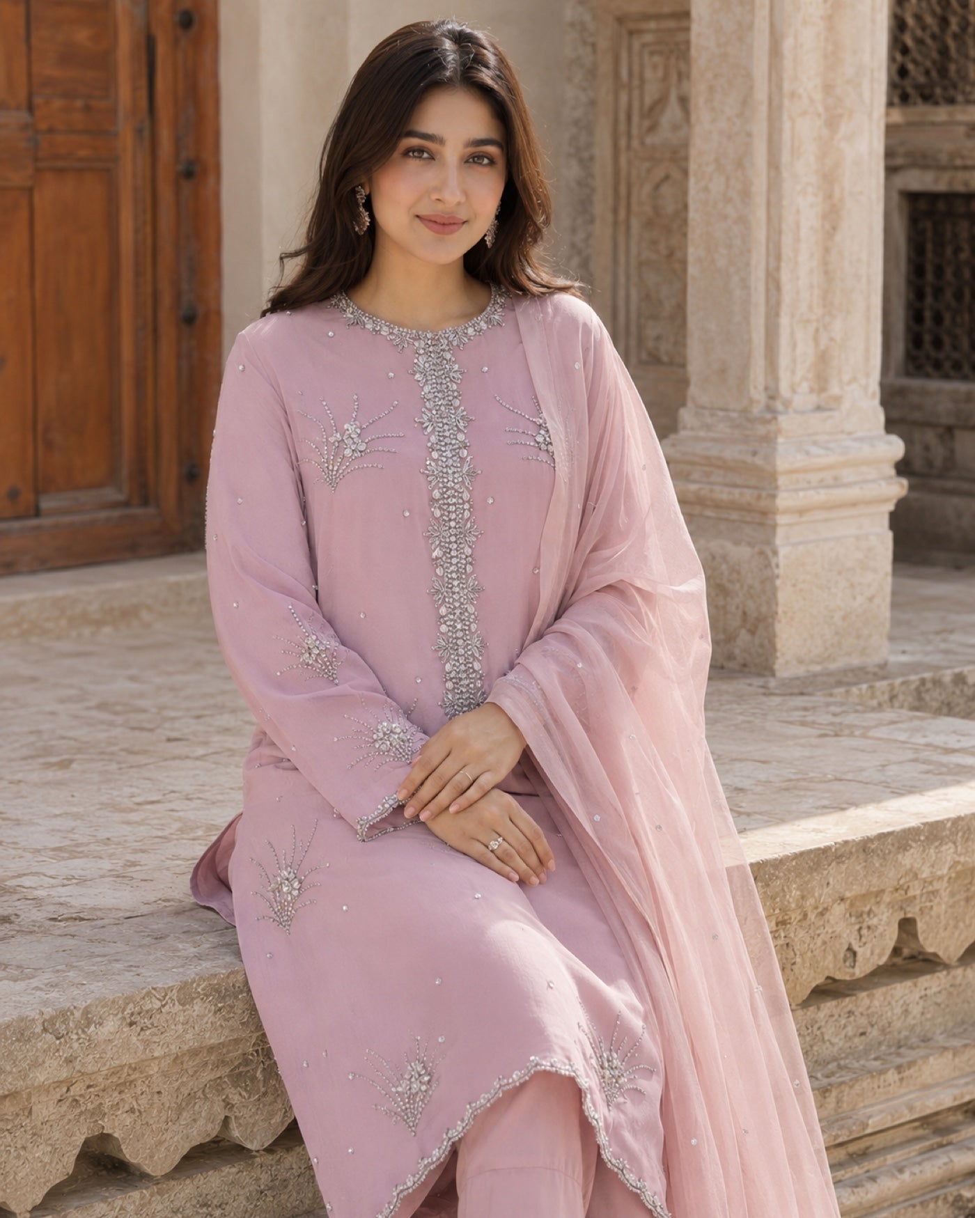 Anaya Blush Embroidered Three-Piece — Blush pink Pakistani formal suit by Veera Studio, view 4