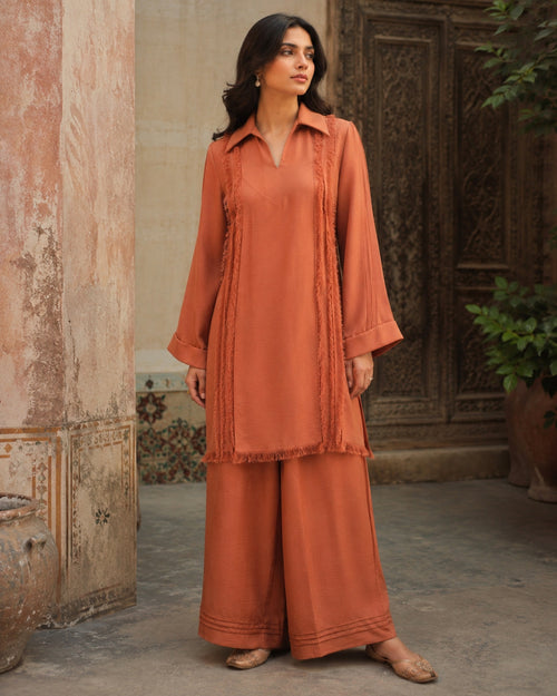 Aiza Rust Georgette Everyday Suit — Rust Pakistani luxury pret suit by Veera Studio, view 1