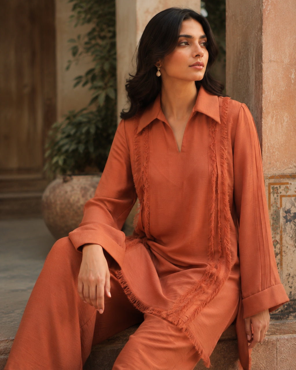 Aiza Rust Georgette Everyday Suit — Rust Pakistani luxury pret suit by Veera Studio, view 2