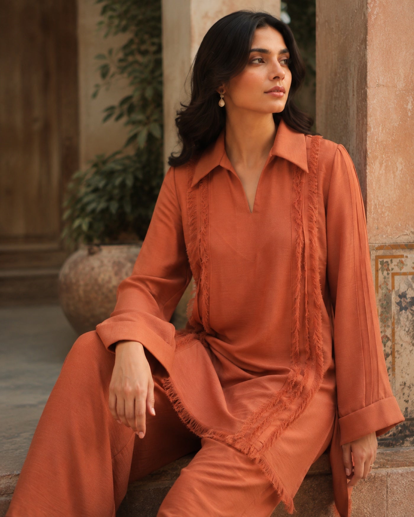 Aiza Rust Georgette Everyday Suit — Rust Pakistani luxury pret suit by Veera Studio, view 2