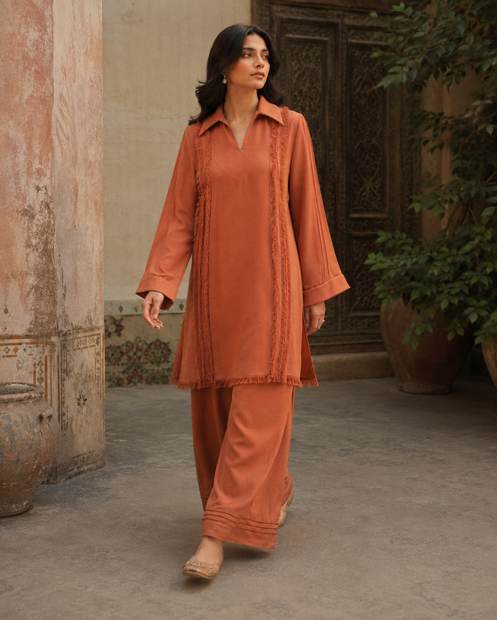 Aiza Rust Georgette Everyday Suit — Rust Pakistani luxury pret suit by Veera Studio, view 4