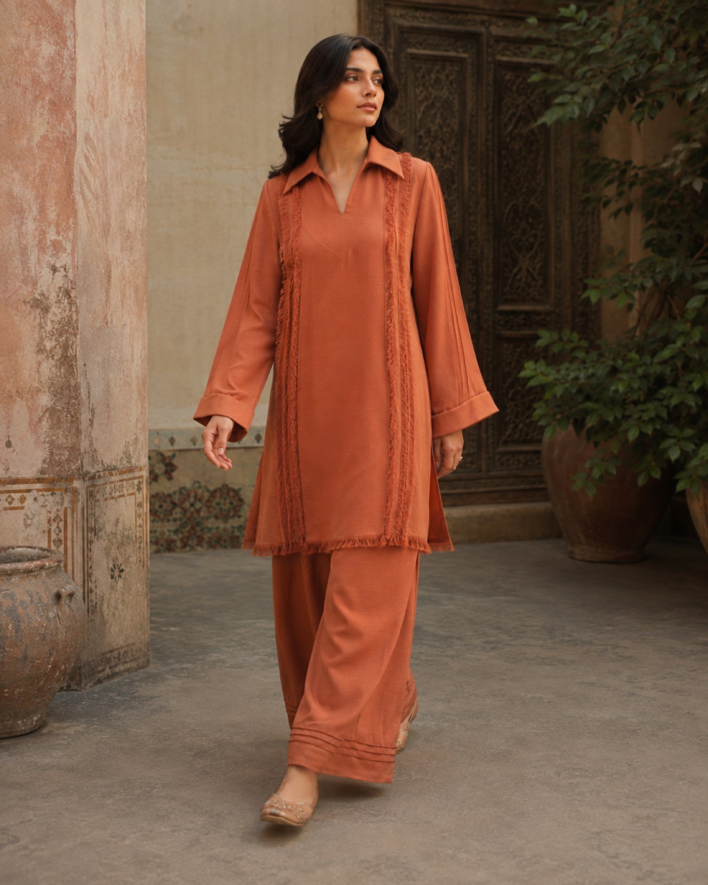 Aiza Rust Georgette Everyday Suit — Rust Pakistani luxury pret suit by Veera Studio, view 4