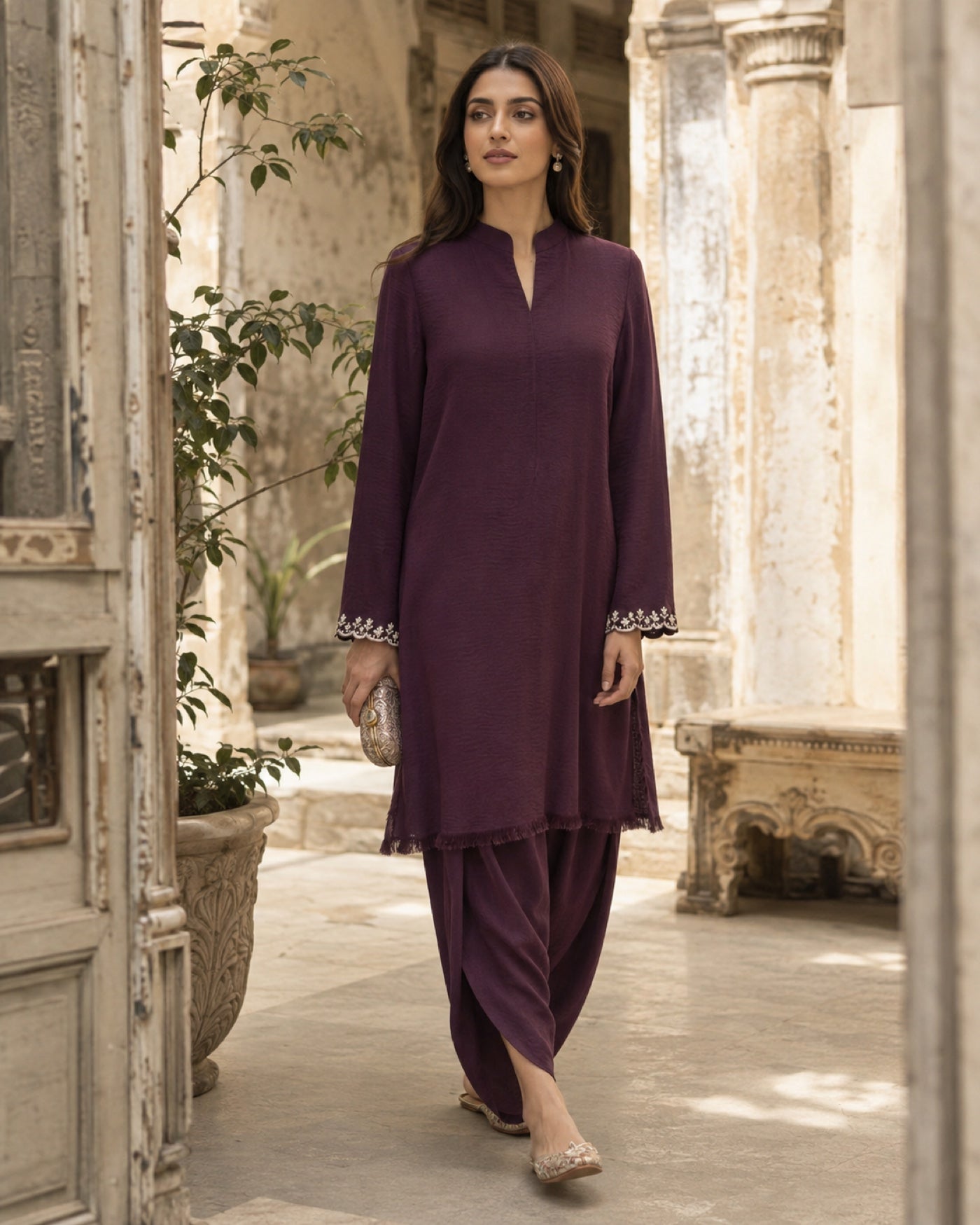 Sana Plum Cotton-Blend Office Suit — Plum Pakistani luxury pret suit by Veera Studio, view 1