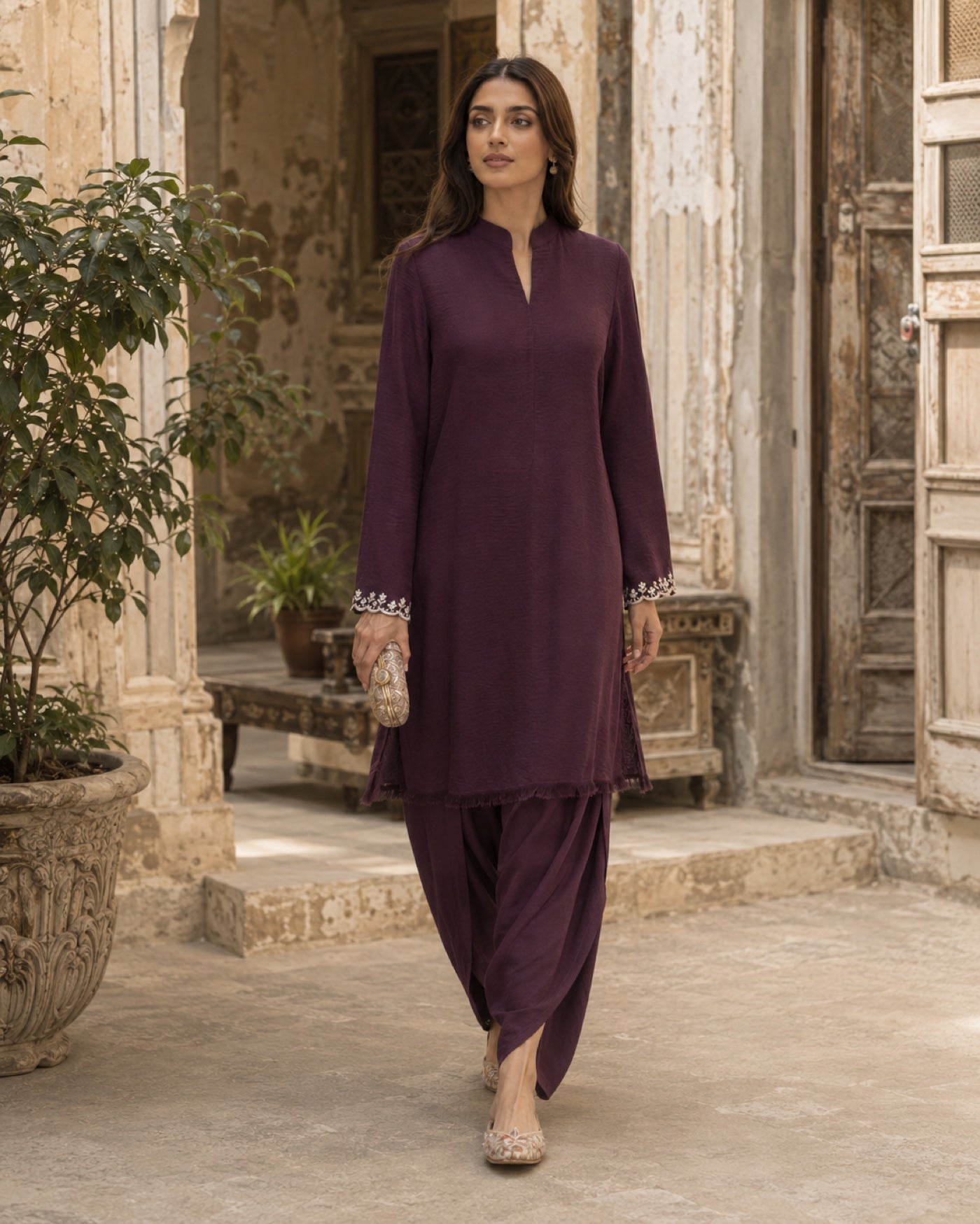 Sana Plum Cotton-Blend Office Suit — Plum Pakistani luxury pret suit by Veera Studio, view 2