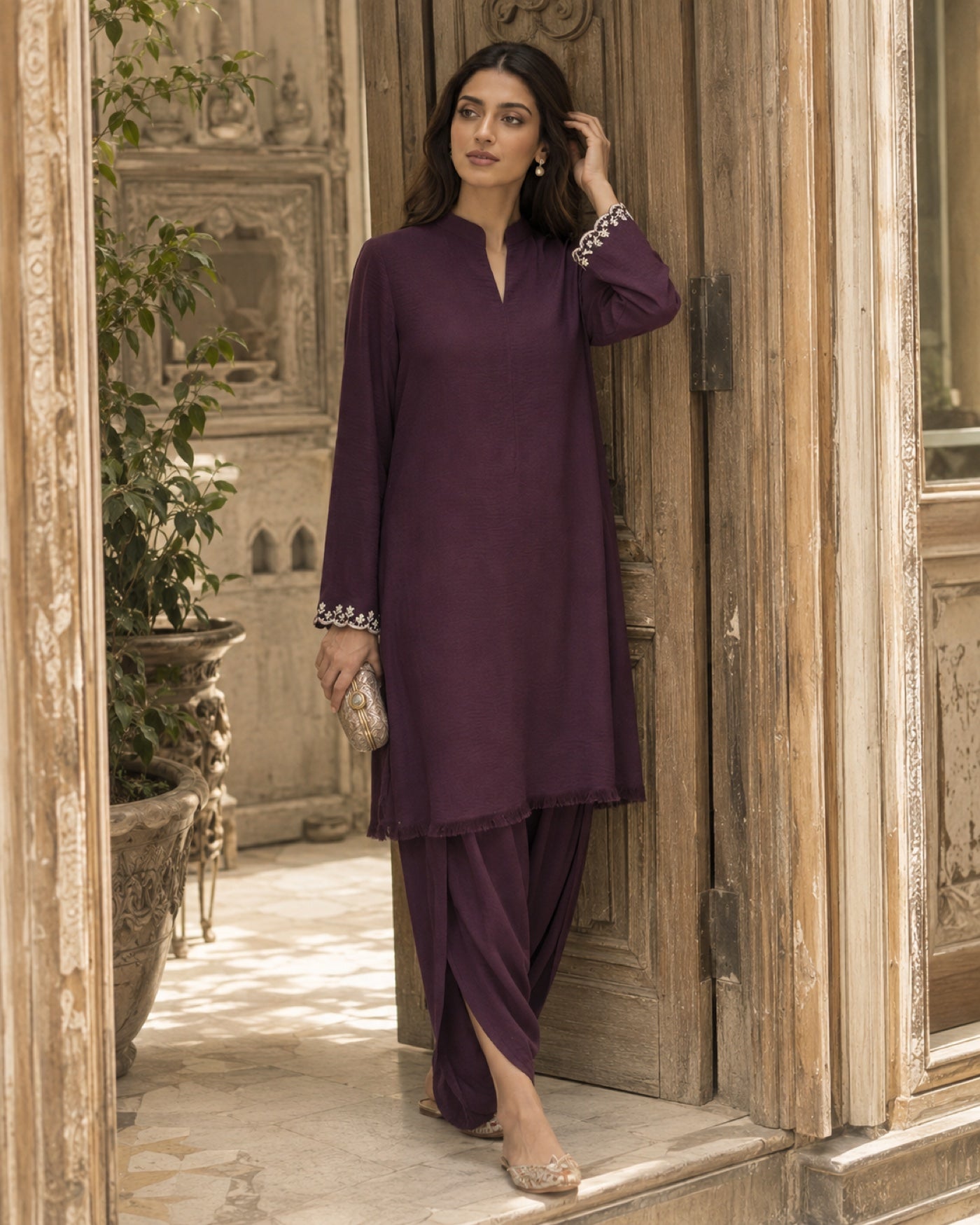 Sana Plum Cotton-Blend Office Suit — Plum Pakistani luxury pret suit by Veera Studio, view 4