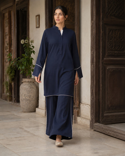 Areeba Navy Cotton-Blend Everyday Suit — Navy Pakistani luxury pret suit by Veera Studio, view 2