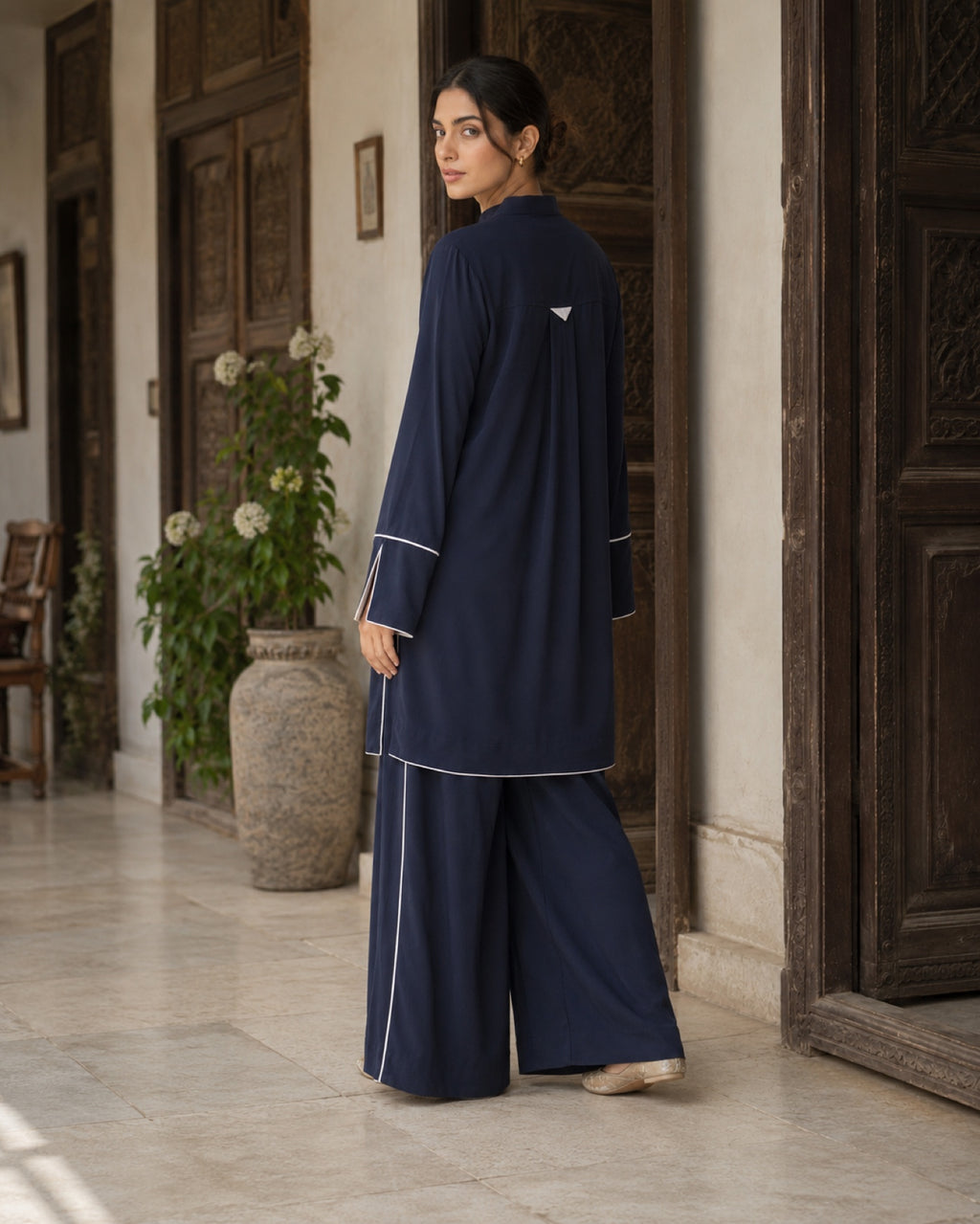 Areeba Navy Cotton-Blend Everyday Suit — Navy Pakistani luxury pret suit by Veera Studio, view 3