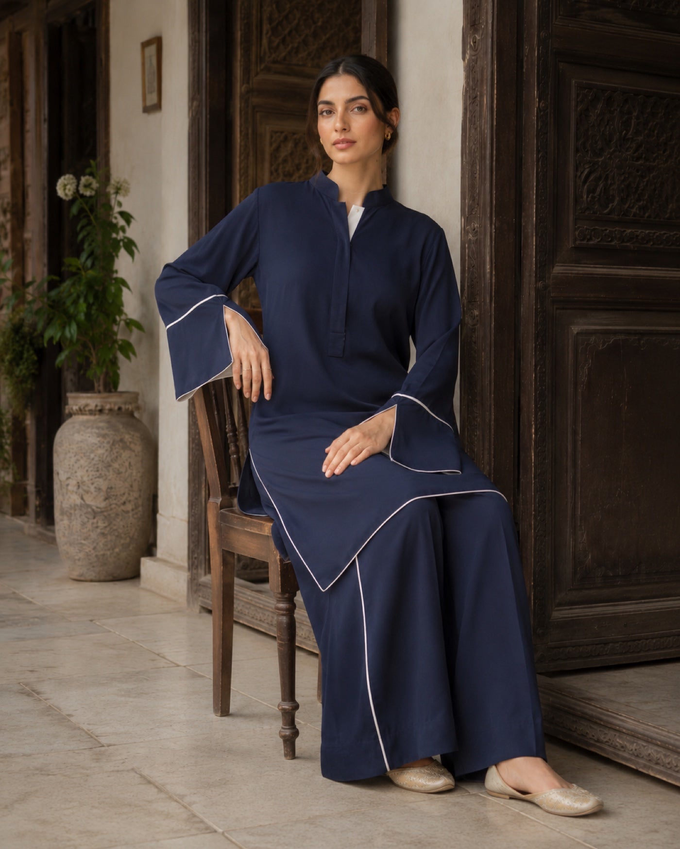 Areeba Navy Cotton-Blend Everyday Suit — Navy Pakistani luxury pret suit by Veera Studio, view 4