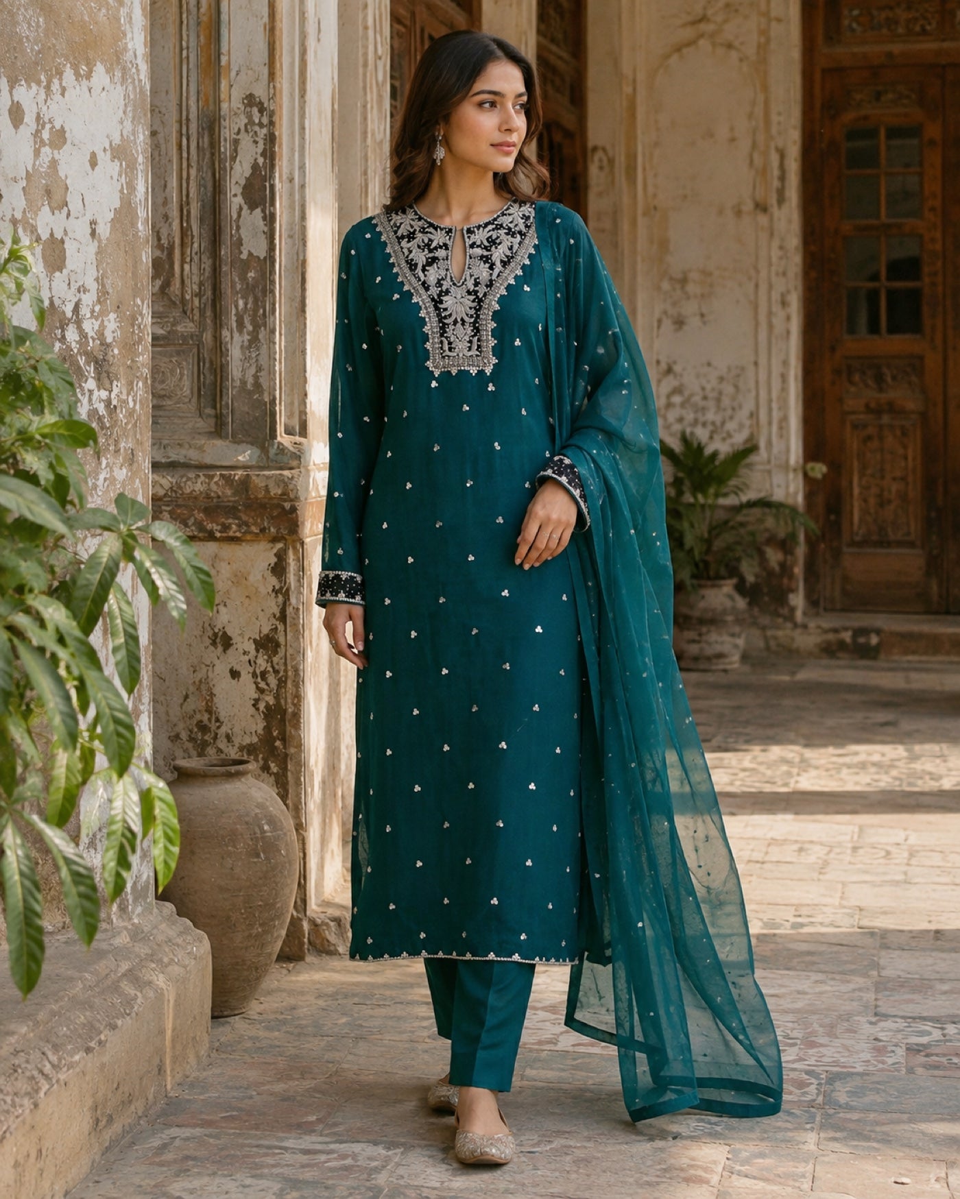 Zohra Teal Silk Three-Piece — Teal Pakistani vs luxe 1 suit by Veera Studio, view 1