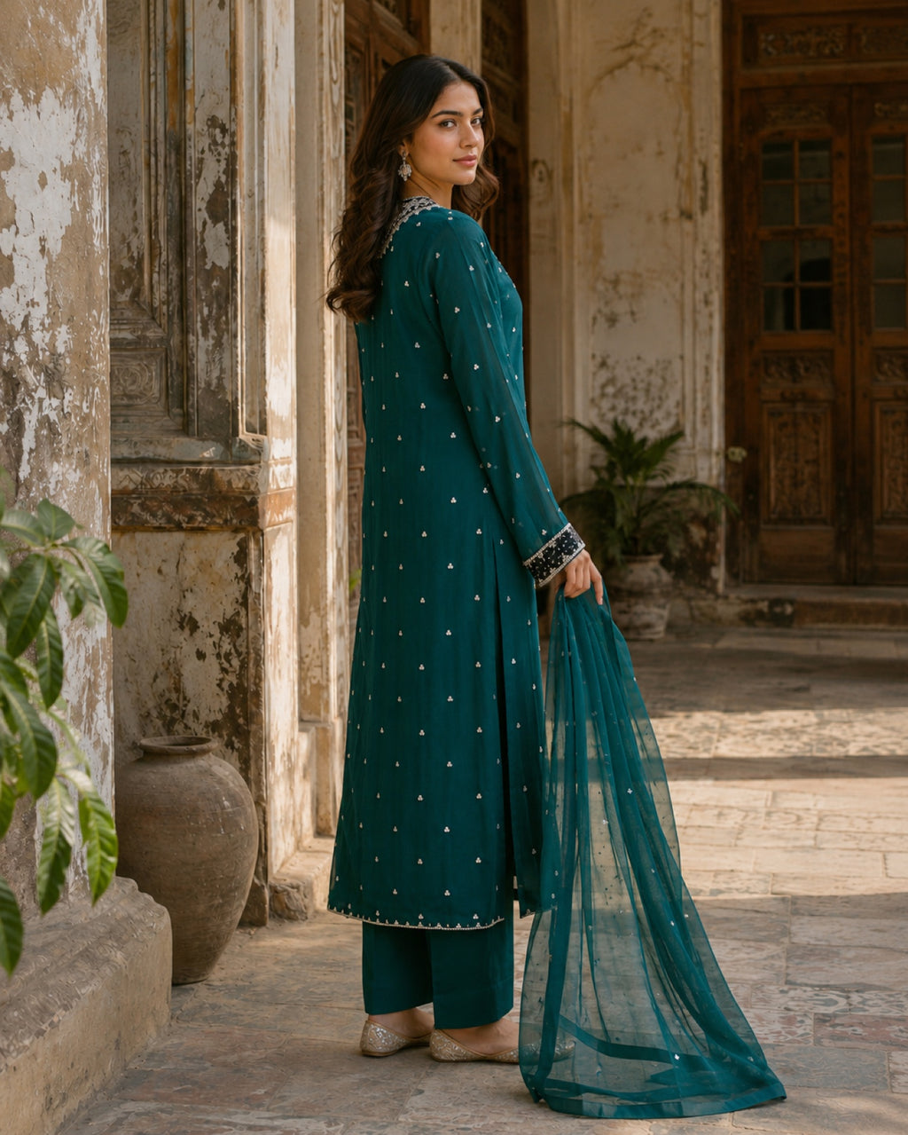 Zohra Teal Silk Three-Piece — Teal Pakistani vs luxe 1 suit by Veera Studio, view 2