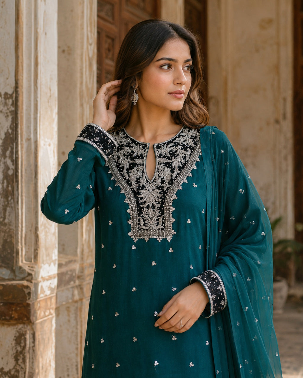 Zohra Teal Silk Three-Piece — Teal Pakistani vs luxe 1 suit by Veera Studio, view 3