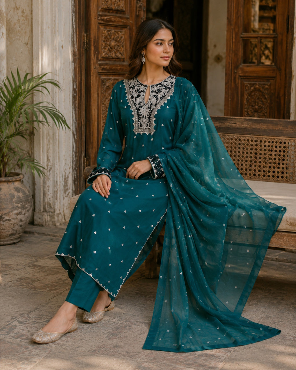 Zohra Teal Silk Three-Piece — Teal Pakistani vs luxe 1 suit by Veera Studio, view 4